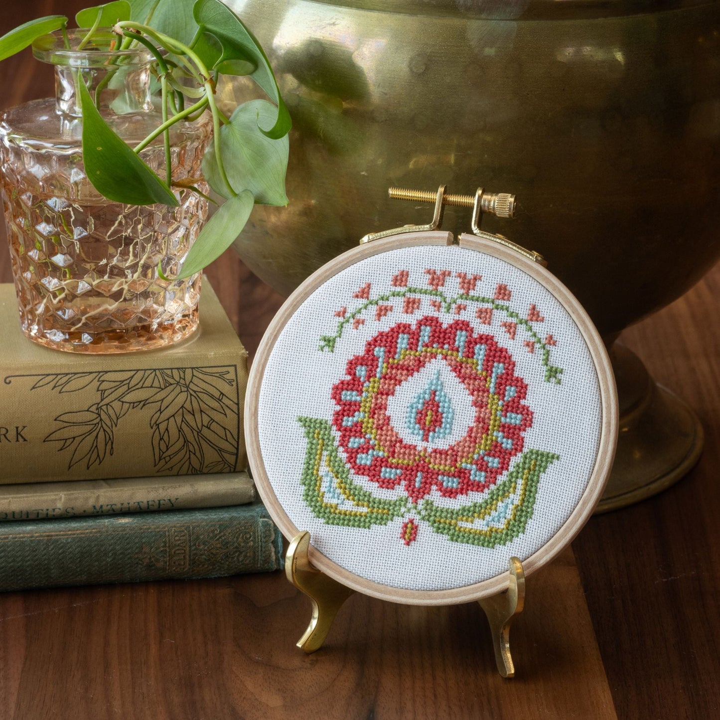 Santorini Peony cross stitch hoop kit, 4 inch