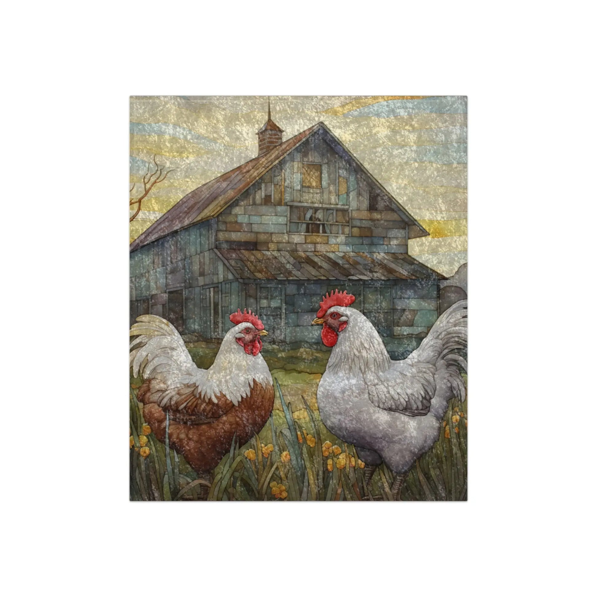 Two roosters, one brown and one white, stand before an old barn surrounded by bright green grass and yellow flowers under a warm-toned sky in this Stained Glass Chickens Crushed Velvet & Fleece Blanket 50x60 original artwork scene.