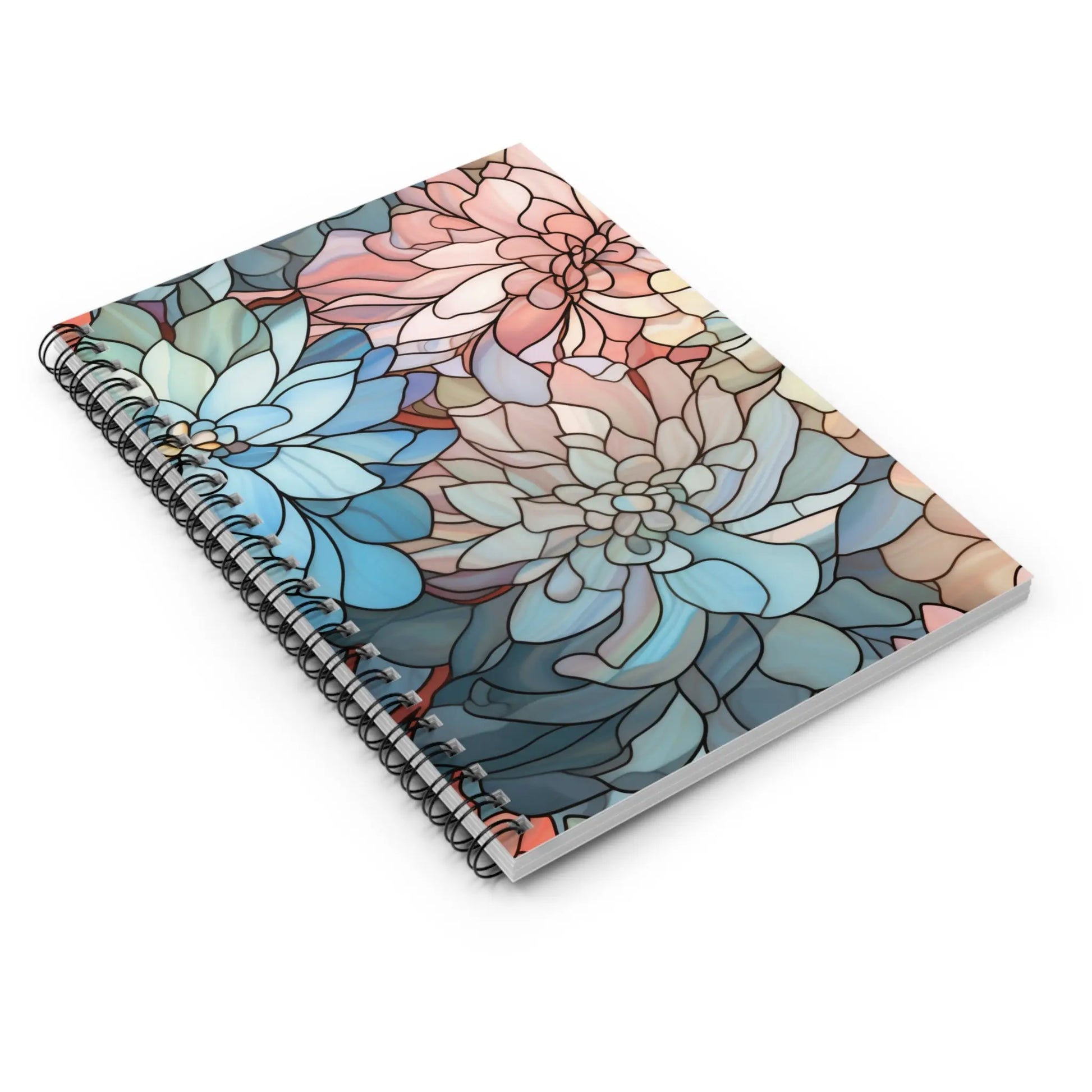 A spiral notebook titled Stained Glass Dark Flowers features a cover with a colorful stained glass pattern of overlapping succulents in blue, pink, and green shades.