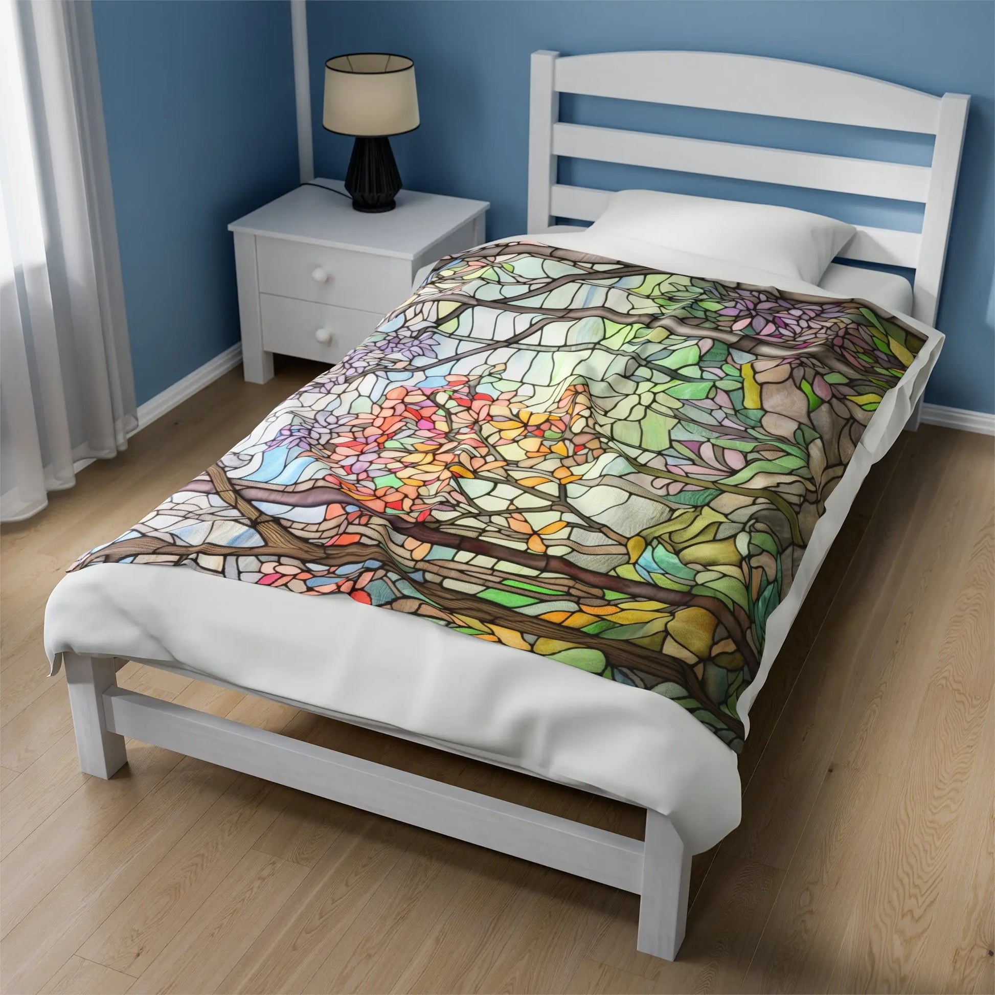 A picture of the Stained Glass Springtime Forest Velveteen Plush Blanket from GlassyRock Arts.