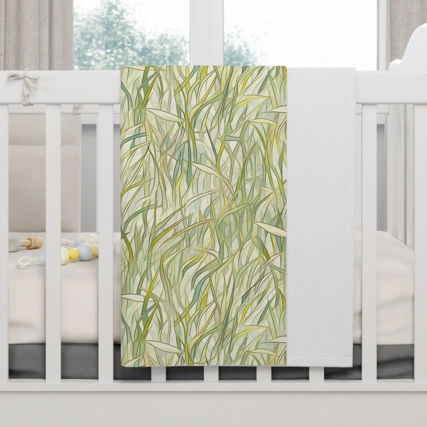 A picture of the Stained Glass Plants Soft Fleece Boho Baby Blanket, Sage Green Grasses from GlassyRock Arts.