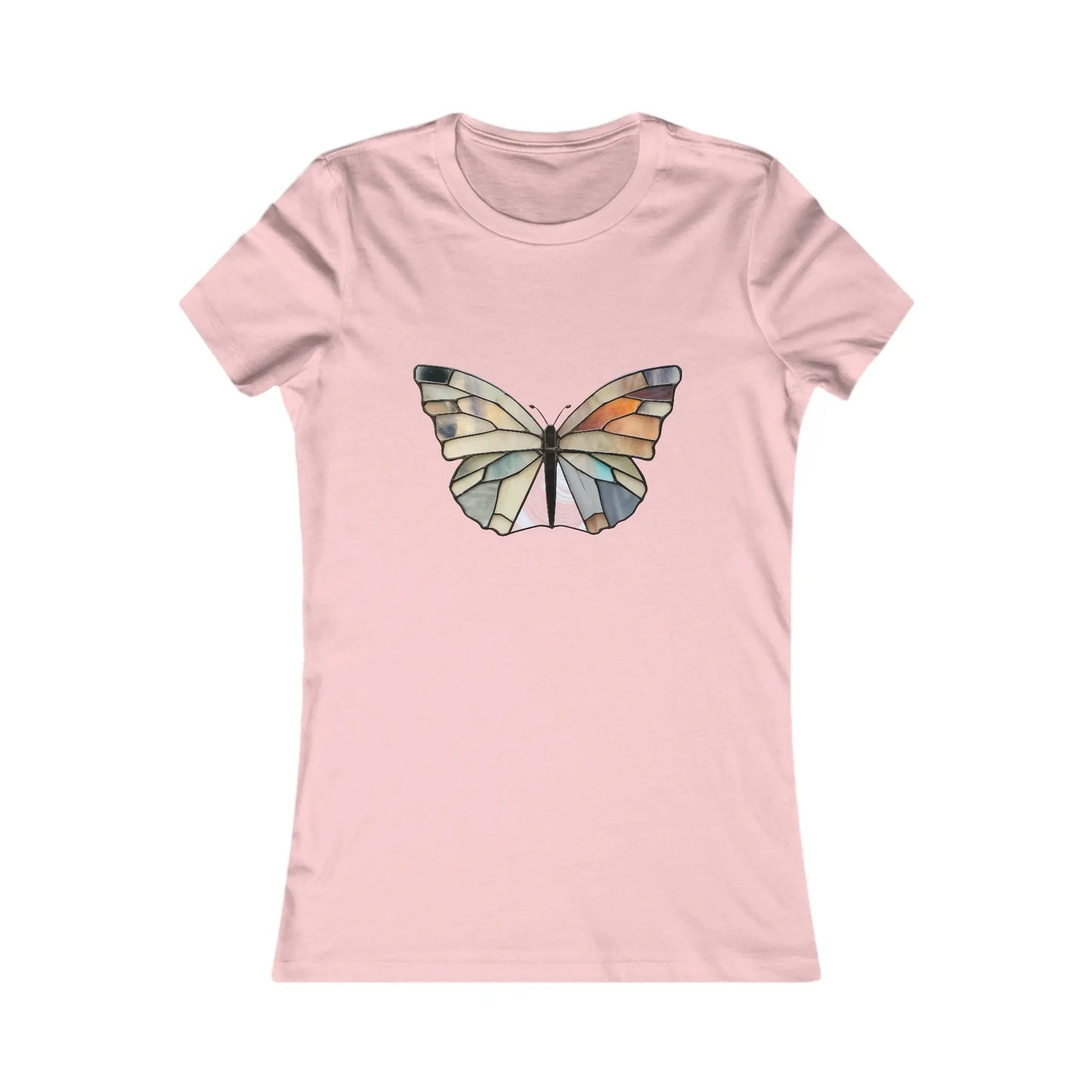 The Stained Glass Summer Butterfly Womens Tee Shirt in light pink features a geometric butterfly design inspired by stained glass art, combining style and sustainability with its pastel hues.
