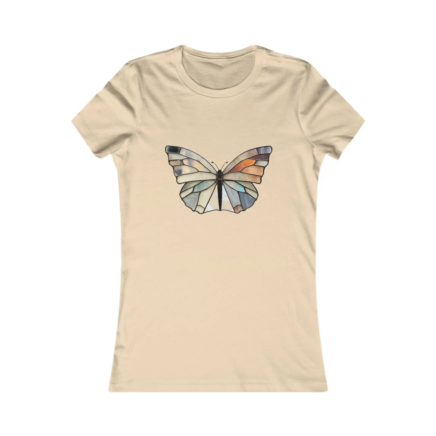 The Stained Glass Summer Butterfly Womens Tee Shirt showcases a sustainable beige fabric with an artistic butterfly design, featuring wings in blue, orange, and gray for a stained-glass effect.