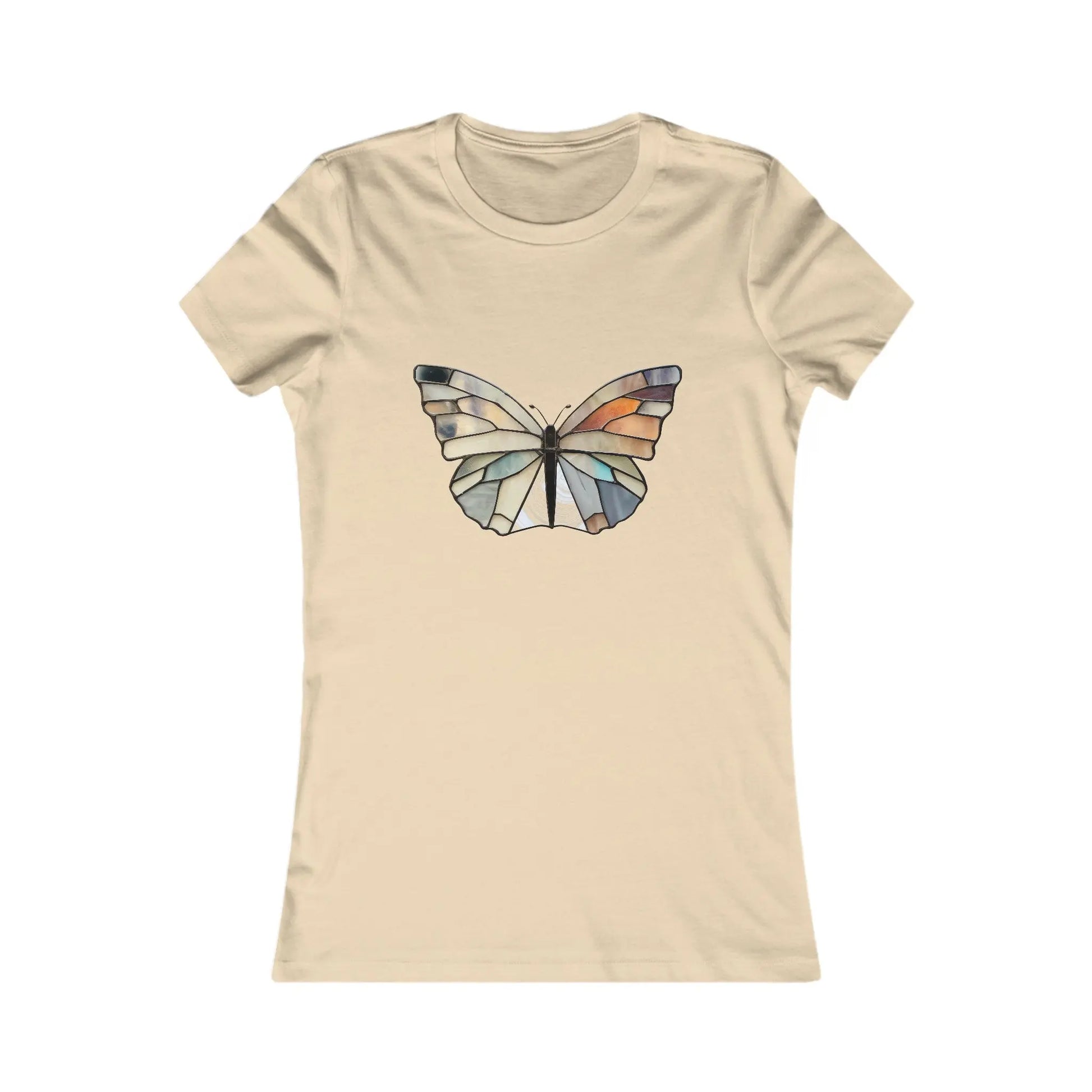 The Stained Glass Summer Butterfly Womens Tee Shirt showcases a sustainable beige fabric with an artistic butterfly design, featuring wings in blue, orange, and gray for a stained-glass effect.