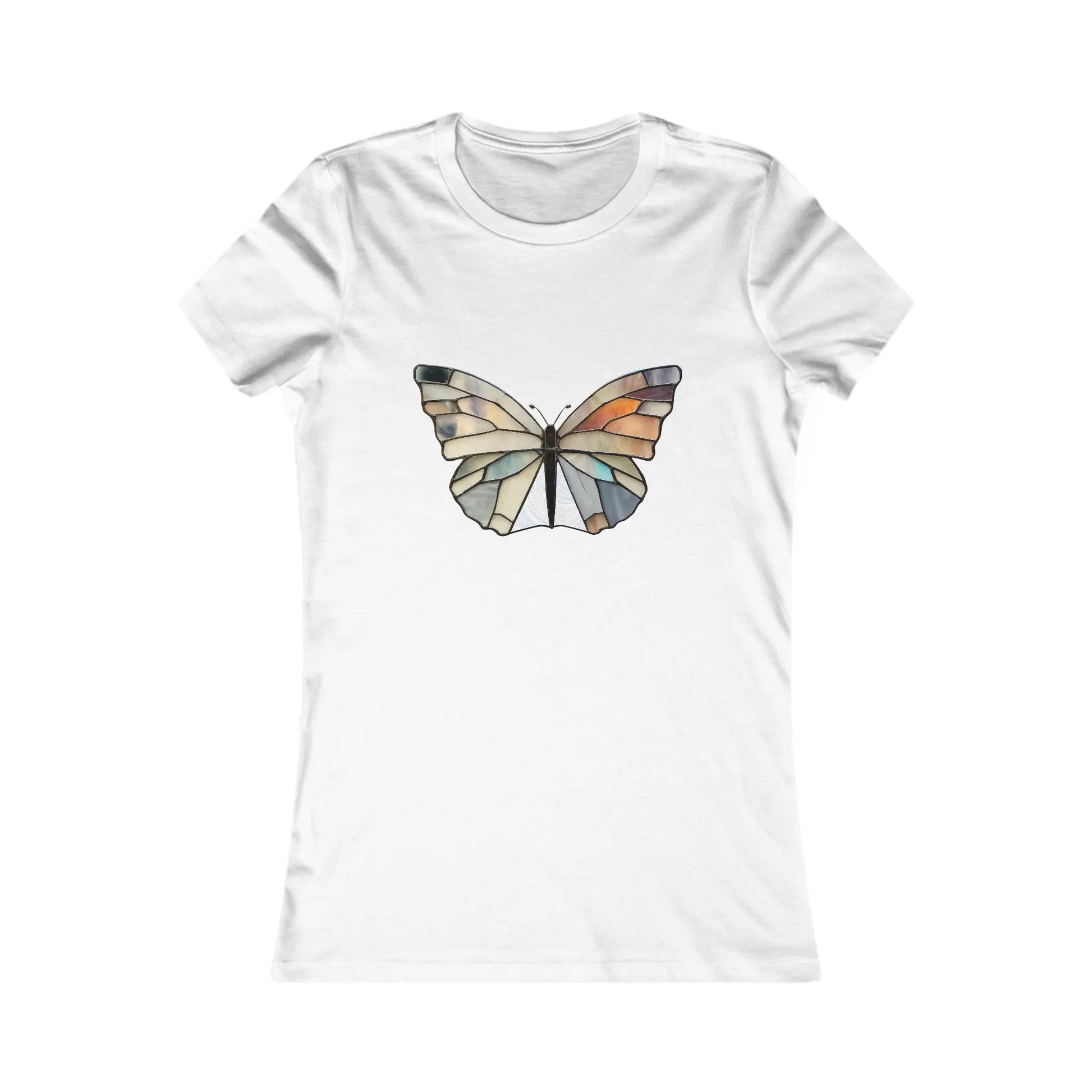 Discover the Stained Glass Summer Butterfly Womens Tee Shirt, showcasing a vibrant geometric butterfly design with a mosaic pattern in brown, blue, and gray, inspired by stained glass.