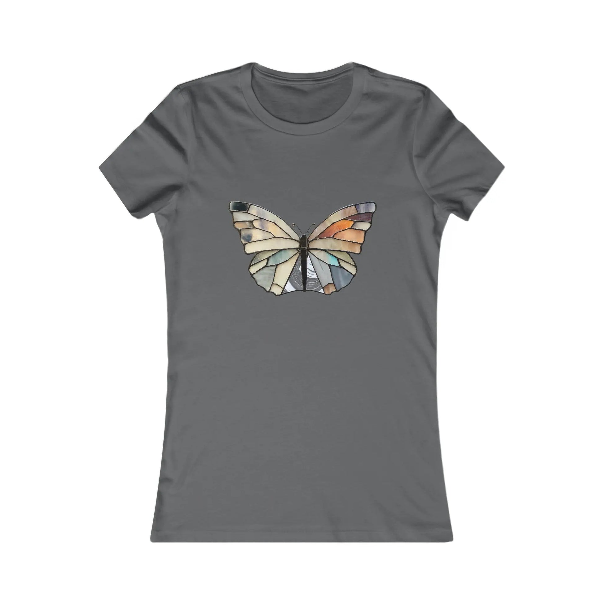 The Stained Glass Summer Butterfly Womens Tee Shirt is a gray tailored T-shirt with an abstract butterfly made of geometric shapes in orange, blue, and gray, offering a stylish and sustainably crafted stained glass effect.