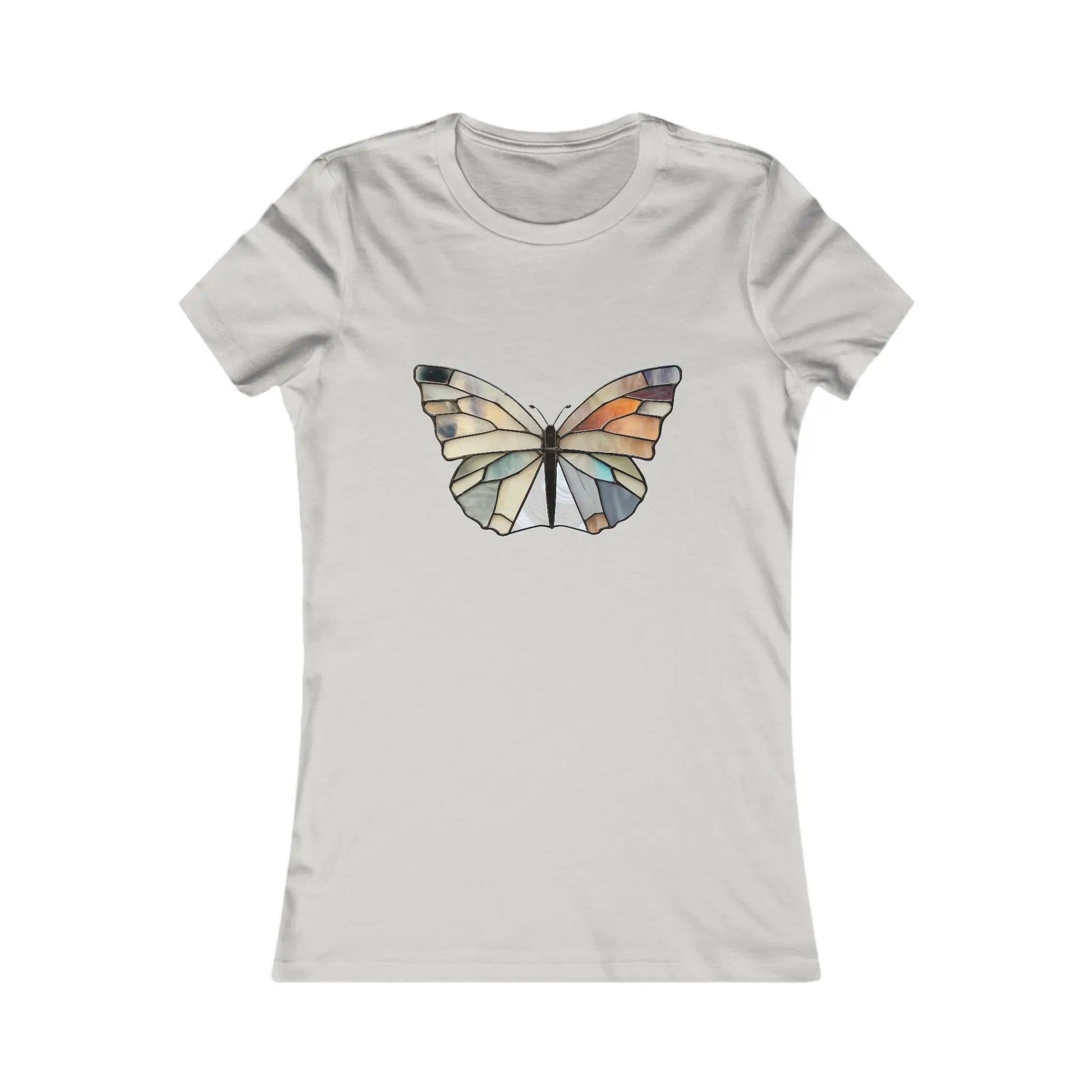 The Stained Glass Summer Butterfly Womens Tee Shirt features a light gray tailored design with a butterfly graphic in blue, brown, and cream hues, showcasing a stained-glass effect. This sustainable piece is displayed against a plain white background.