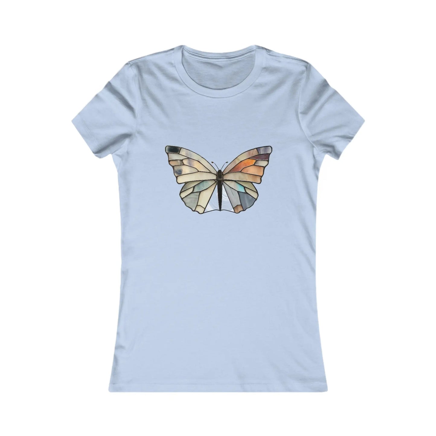 The Stained Glass Summer Butterfly Womens Tee Shirt is a light blue, tailored t-shirt featuring a geometric butterfly design in gray, black, and beige on the front center.