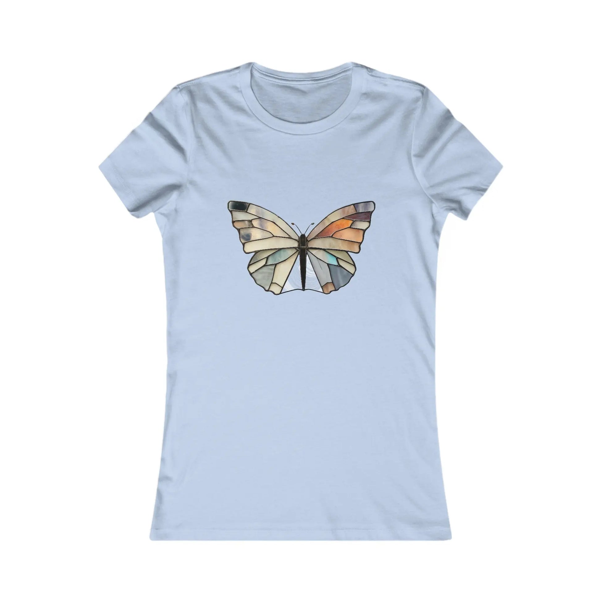 The Stained Glass Summer Butterfly Womens Tee Shirt is a light blue, tailored t-shirt featuring a geometric butterfly design in gray, black, and beige on the front center.