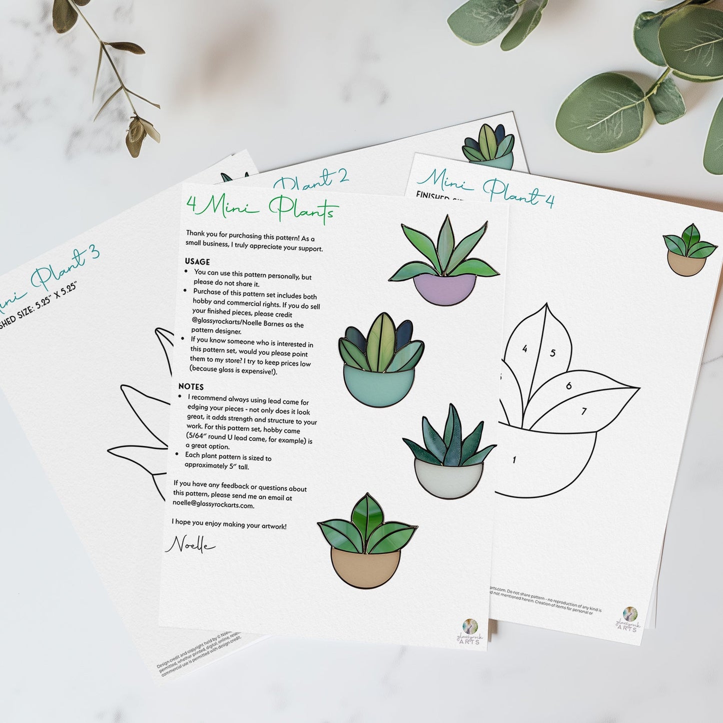 Potted Plant Ornaments Stained Glass Patterns, 4-Pack - Crafting Patterns & Molds, from GlassyRock Arts