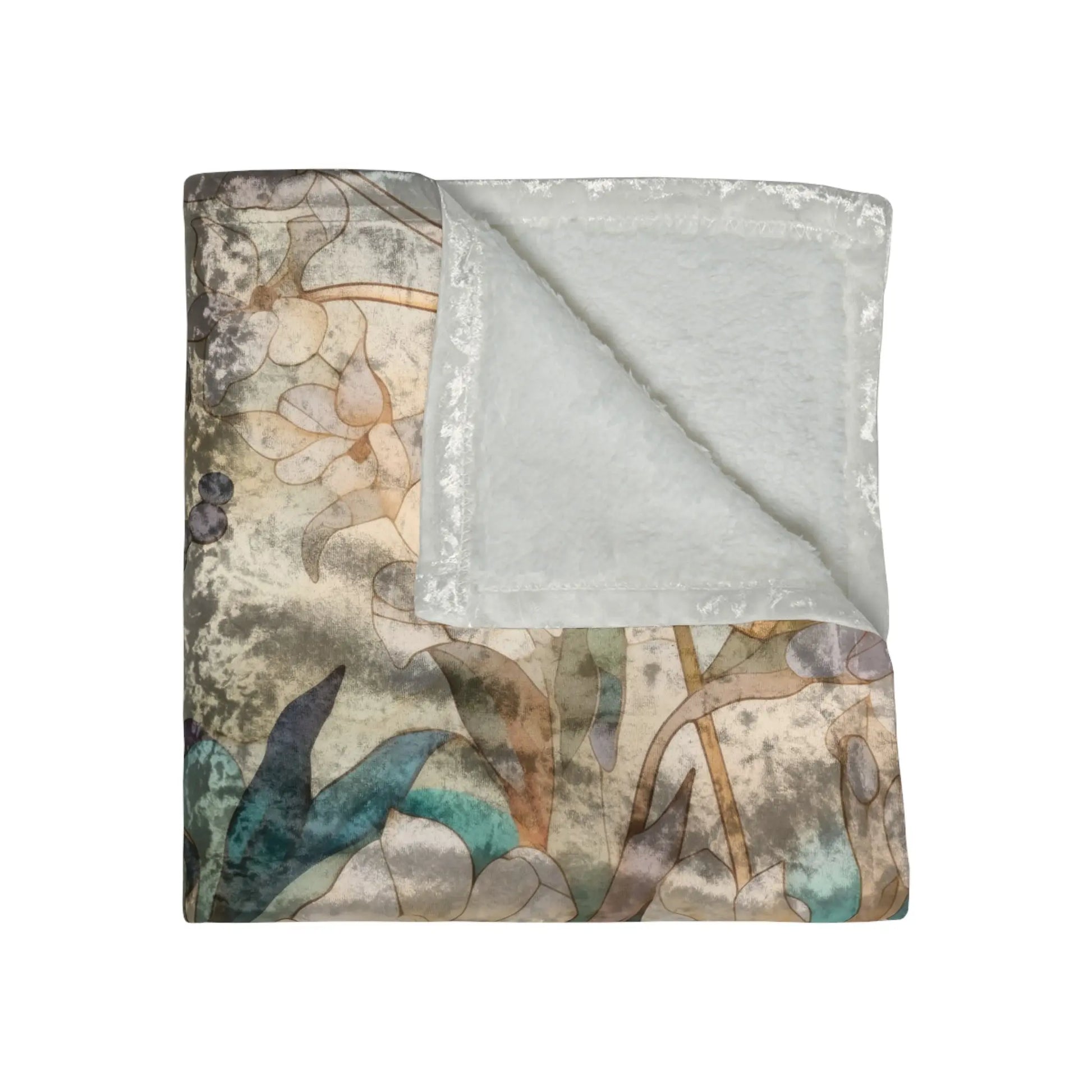 The Stained Glass Midnight Flowers Blanket features a floral pattern with earthy tones on crushed velvet, and a light gray fleece side. The 50x60 throw exudes elegance and plush comfort.