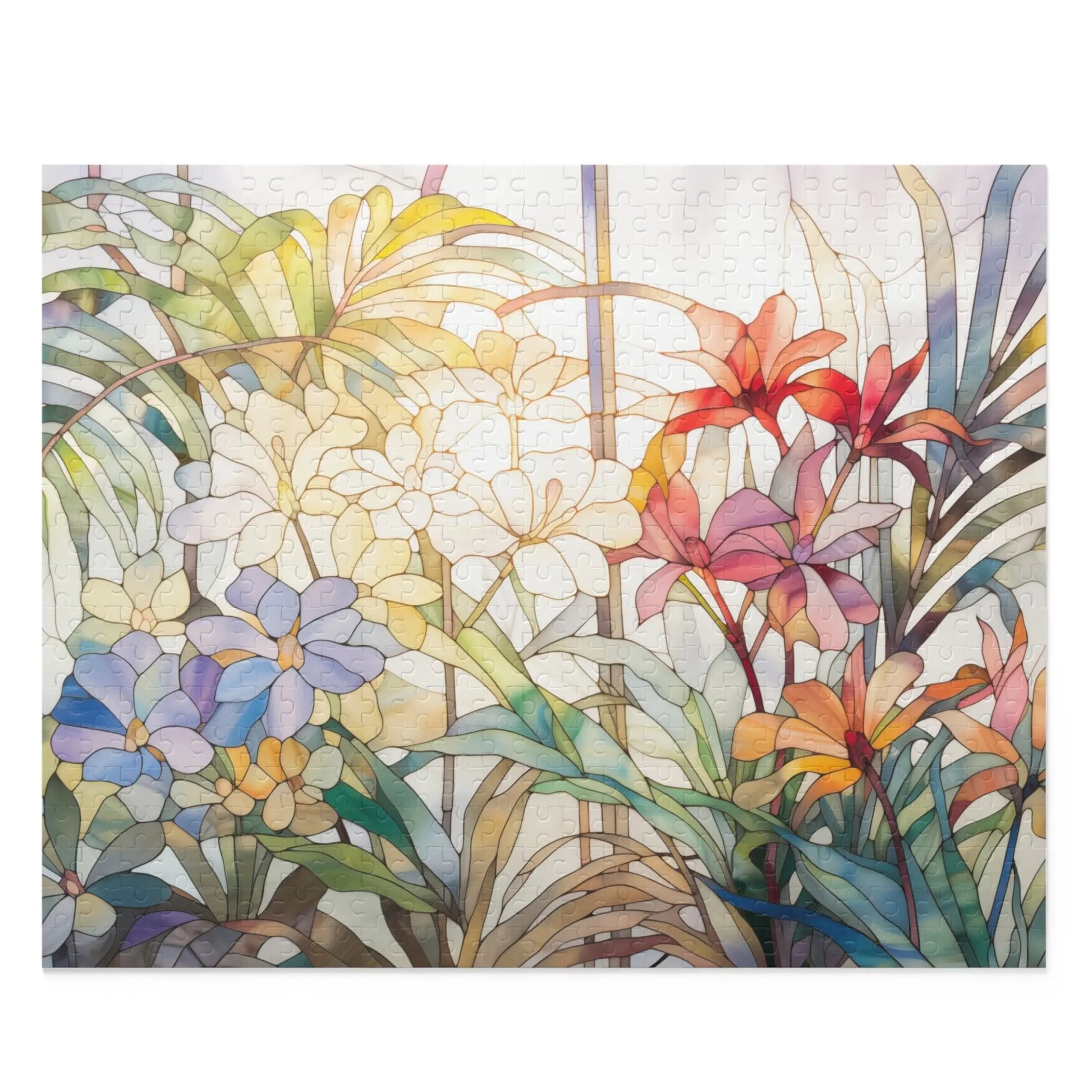 The Tropical Blooms Jigsaw Puzzle features vibrant watercolor-style flowers, including lilies, in red, orange, purple, yellow, and blue hues. Set against green leaves and sunlight, its an ideal art gift for nature enthusiasts.