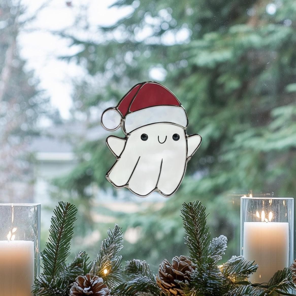 Christmas Ghost Stained Glass Pattern: Halloween Suncatcher Template (PDF & PNG)