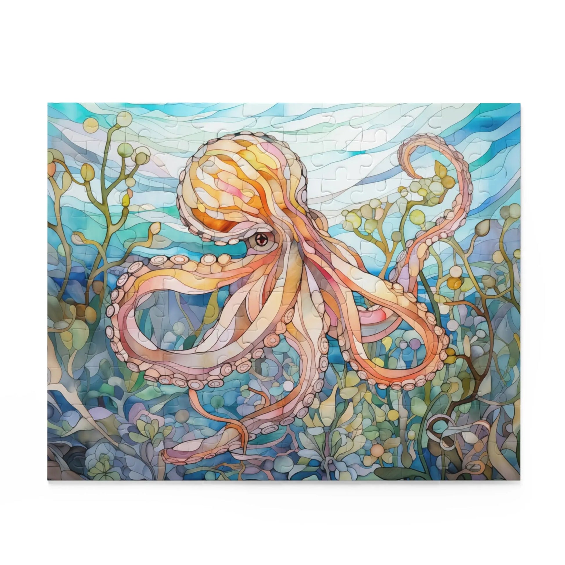 The Stained Glass Octopus Jigsaw Puzzle showcases a vibrant illustration of an octopus with swirling tentacles amidst sea plants, set against a blue ocean backdrop, resembling intricate stained glass artistry.