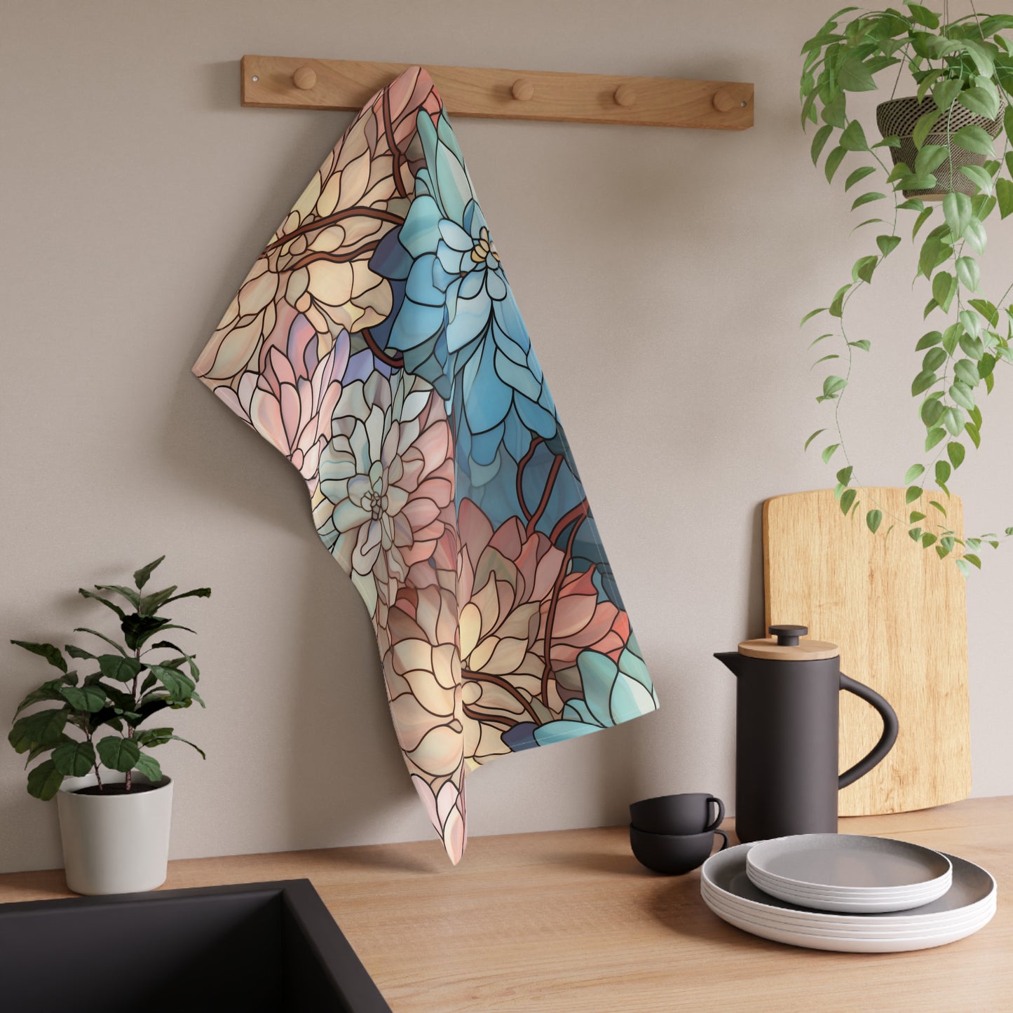 Stained Glass Flowers Kitchen Towel