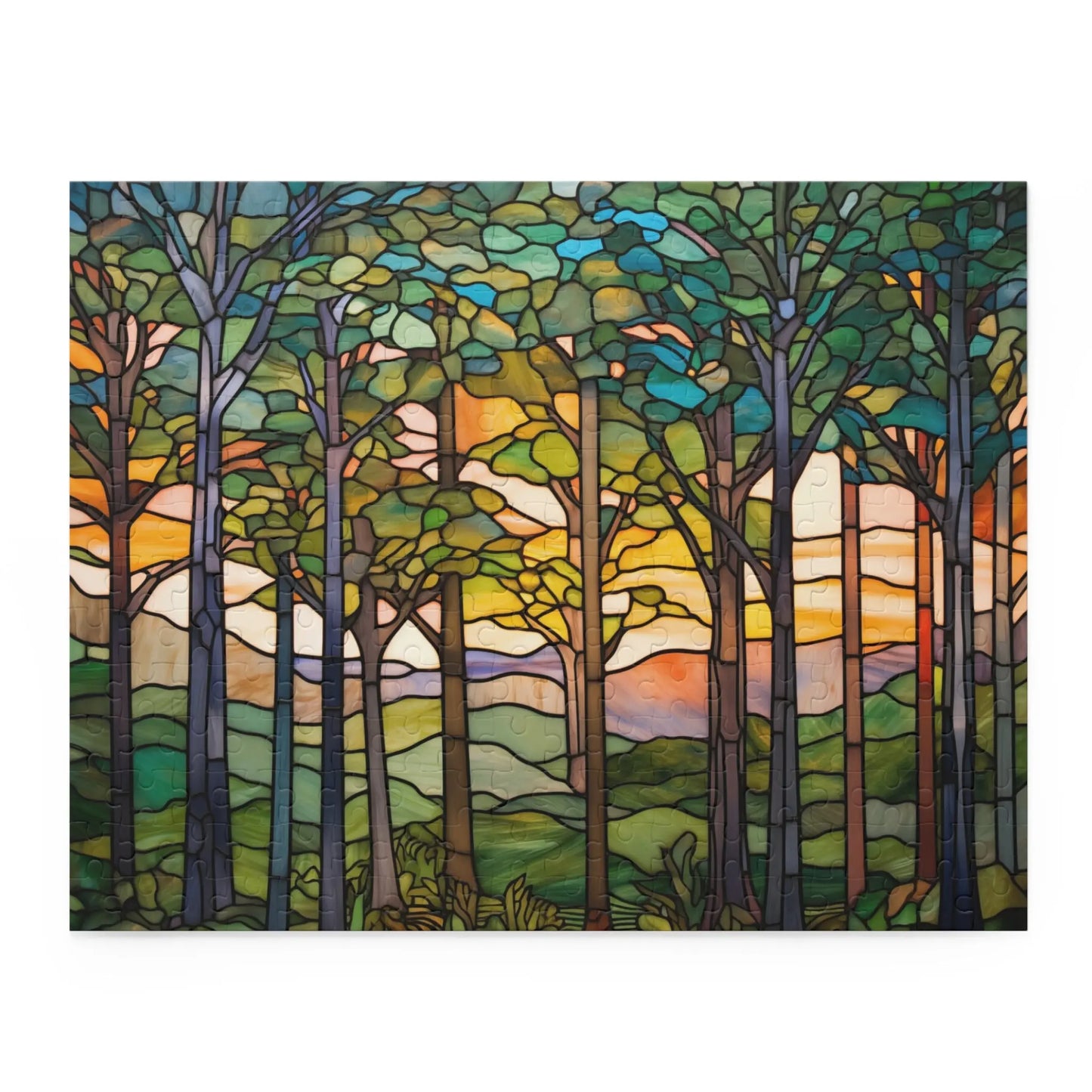 The Sunset Forest Jigsaw Puzzle, perfect for nature lovers, depicts a sunset through a forest with tall trees featuring multicolored leaves in the foreground and rolling hills in the background. The sky showcases a stunning blend of orange, pink, and yellow hues—ideal as a thoughtful gift.