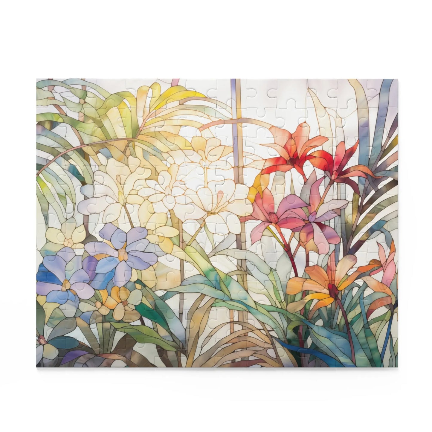 The Tropical Blooms Jigsaw Puzzle features a stained glass art style scene with vibrant white, orange, red, and blue tropical flowers amid lush green leaves, making it an ideal gift or artistic inspiration.