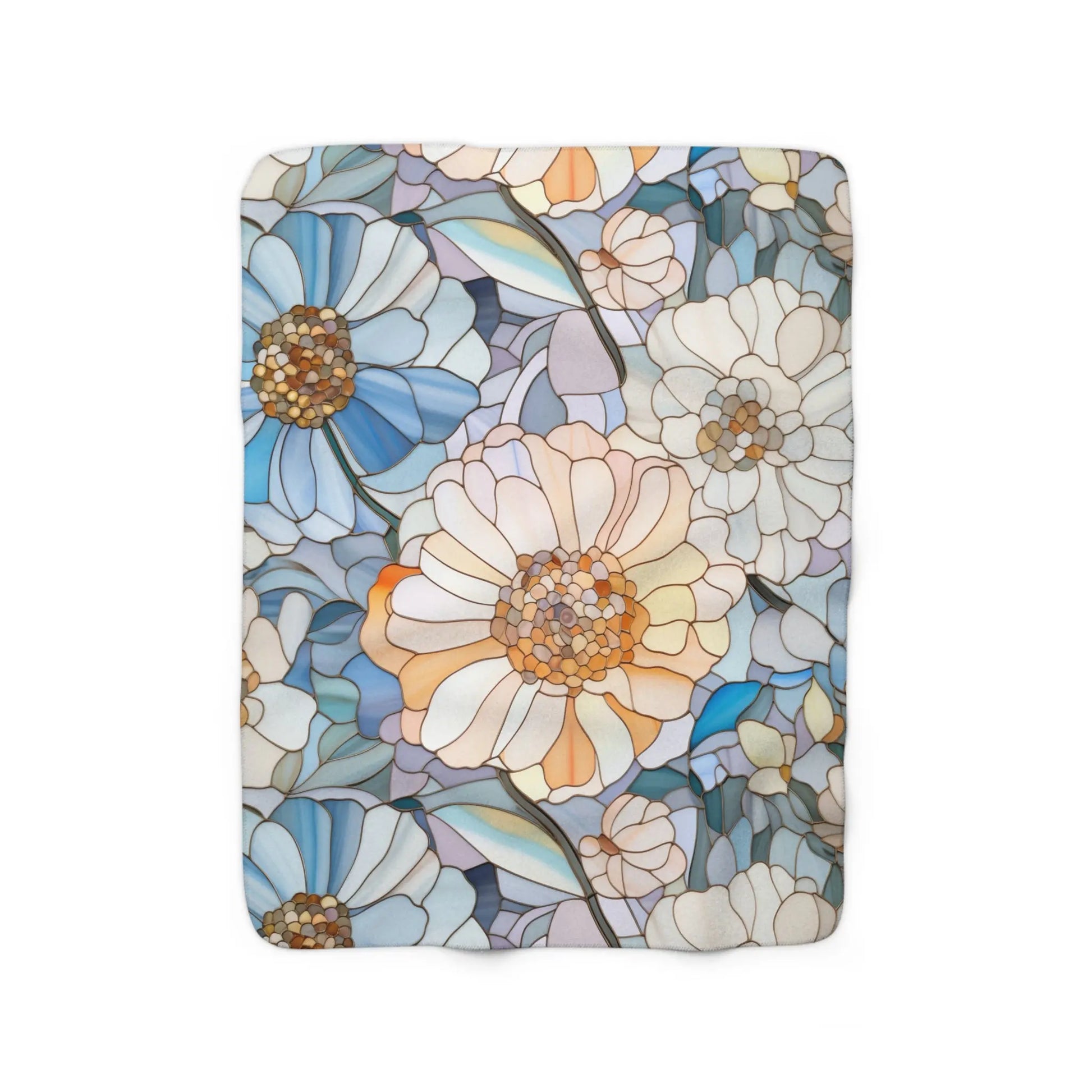 The Stained Glass Flowers Sherpa Fleece Blanket showcases a detailed boho design with pastel blue, white, and orange flowers. Its overlapping flowers have layered petals and intricate patterns, resembling stained glass art.