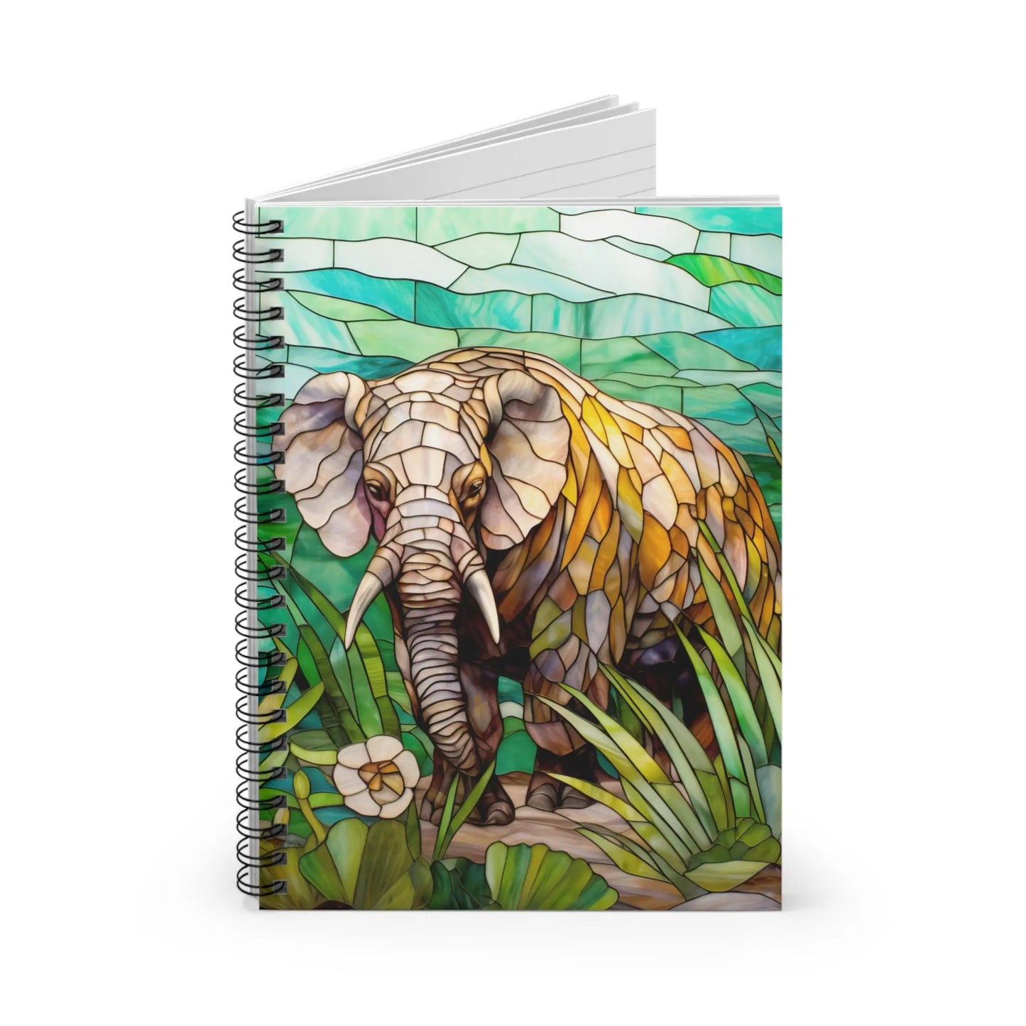 The Stained Glass Elephant Spiral Notebook, with its stylish cover displaying an artistic elephant amid vibrant green foliage, makes a perfect gift.