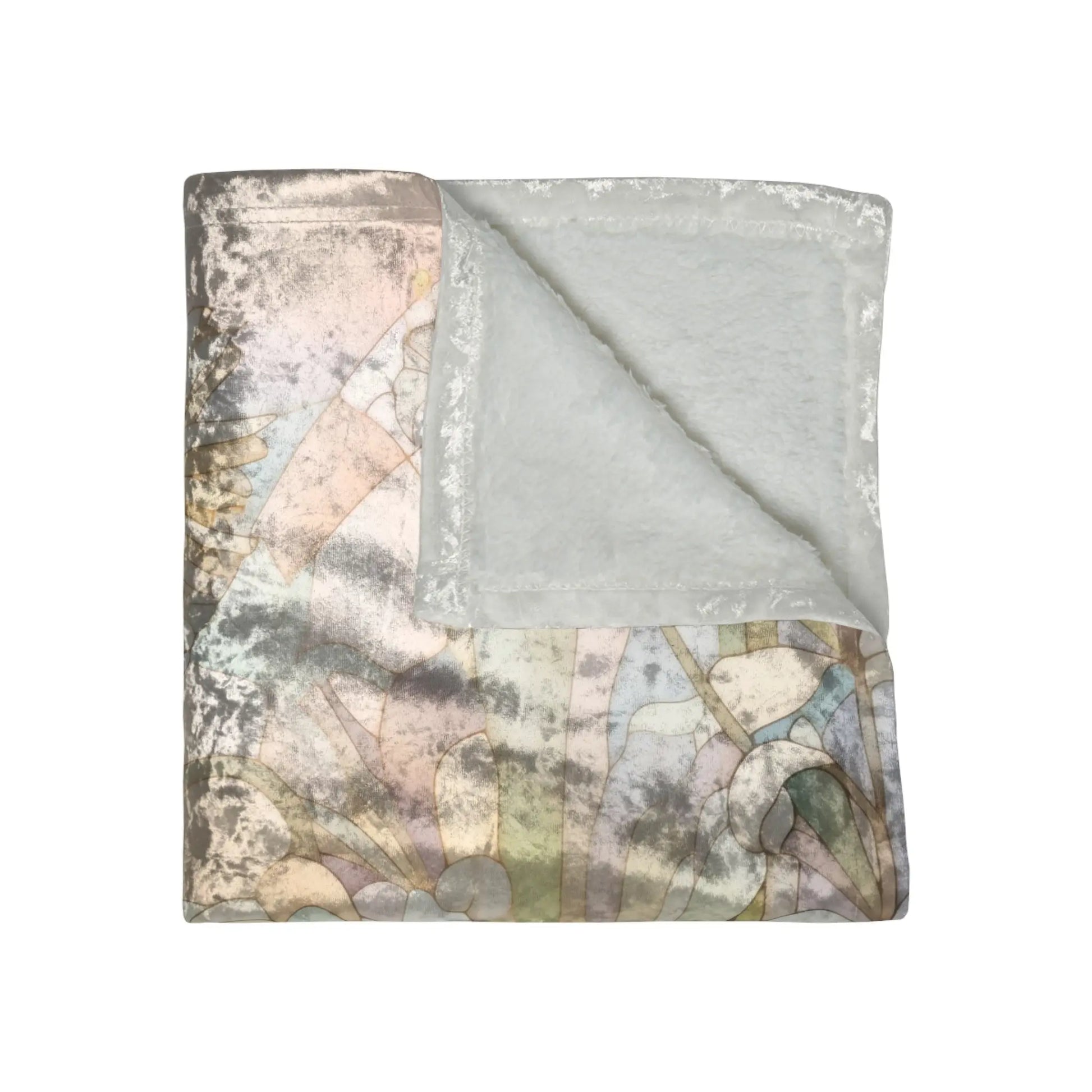 The Stained Glass Spring Flowers Crushed Velvet & Fleece Blanket - 50x60 features a folded, textured design with a plush interior and an abstract, stained glass-inspired patterned exterior in muted pastels, echoing a Pacific Northwest artists flair.