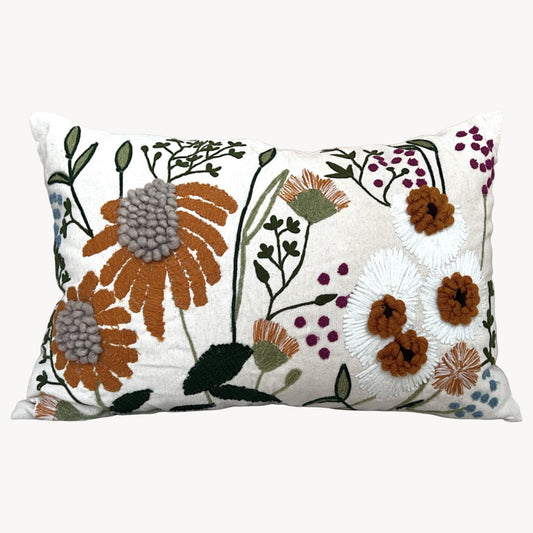 Neutral Floral Embroidered Oversized Boho Throw Pillow Cover Sham: Earthy tones Minimalist Scandi boho decor, lumbar cushion for bed 16"x24"