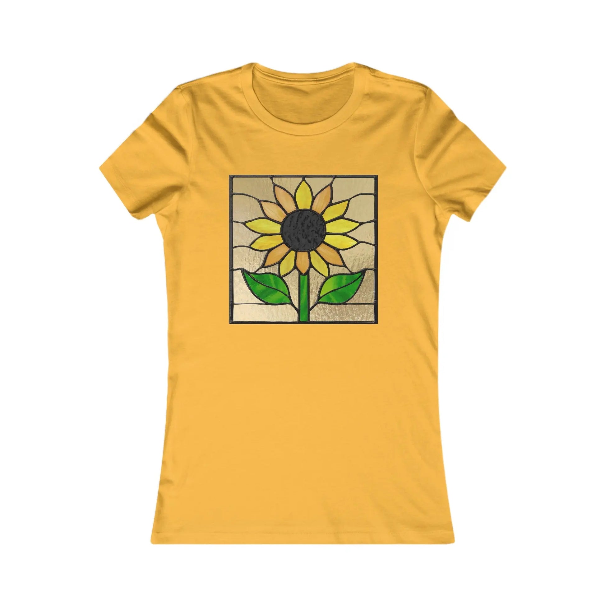 Opt for eco-friendly fashion with the Stained Glass Sunflower Womens Tee Shirt by Bella+Canvas, featuring a sunflower and green leaves in a rectangular stained glass design on its front.