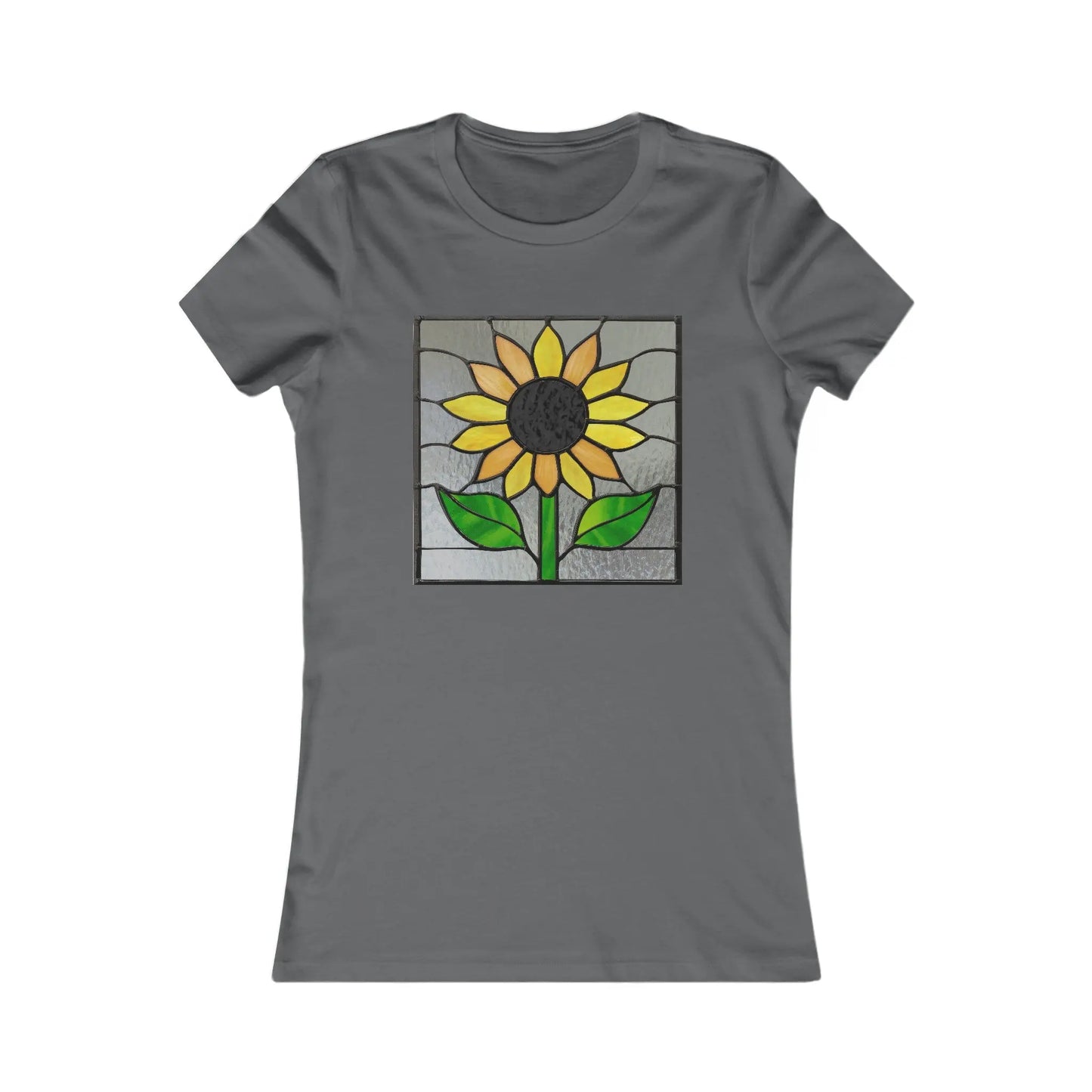 Discover sustainable fashion with our Stained Glass Sunflower Womens Tee Shirt by Bella+Canvas. It features a captivating sunflower design with vibrant yellow petals, a dark center, and lush green leaves.