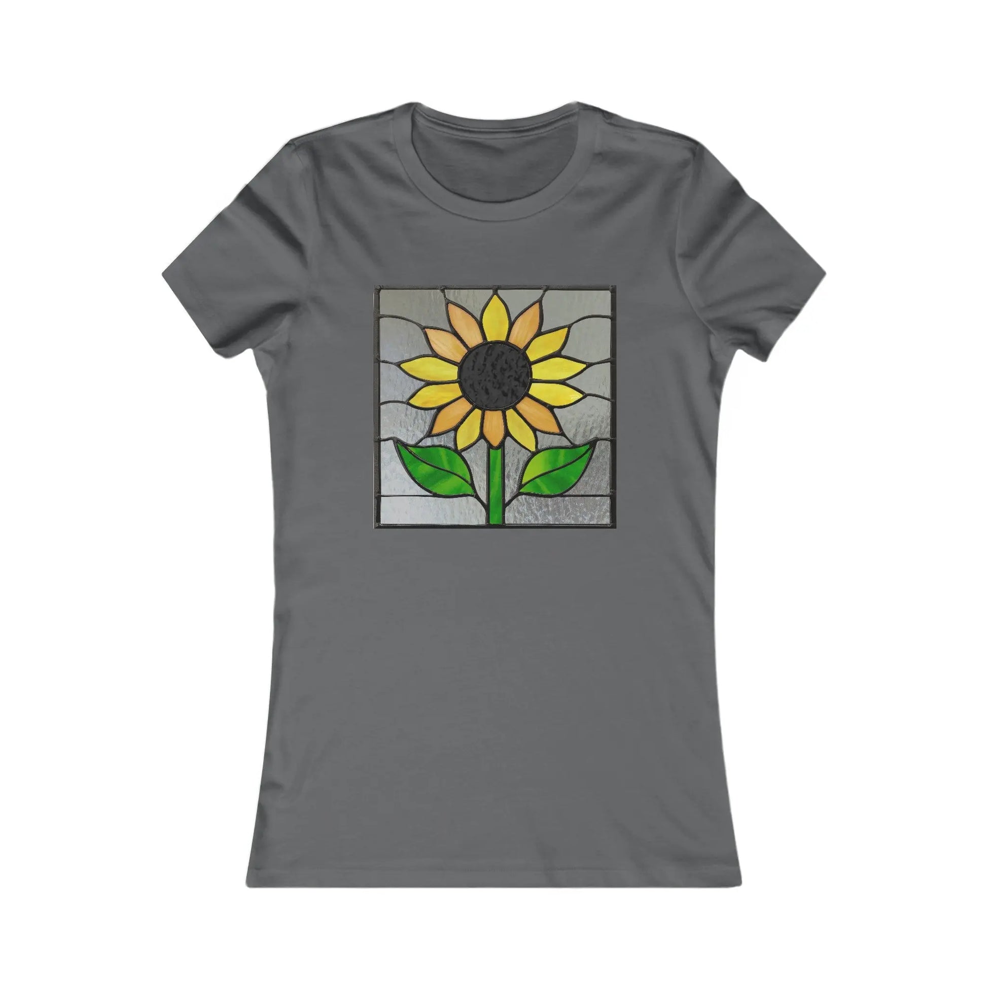 Discover sustainable fashion with our Stained Glass Sunflower Womens Tee Shirt by Bella+Canvas. It features a captivating sunflower design with vibrant yellow petals, a dark center, and lush green leaves.