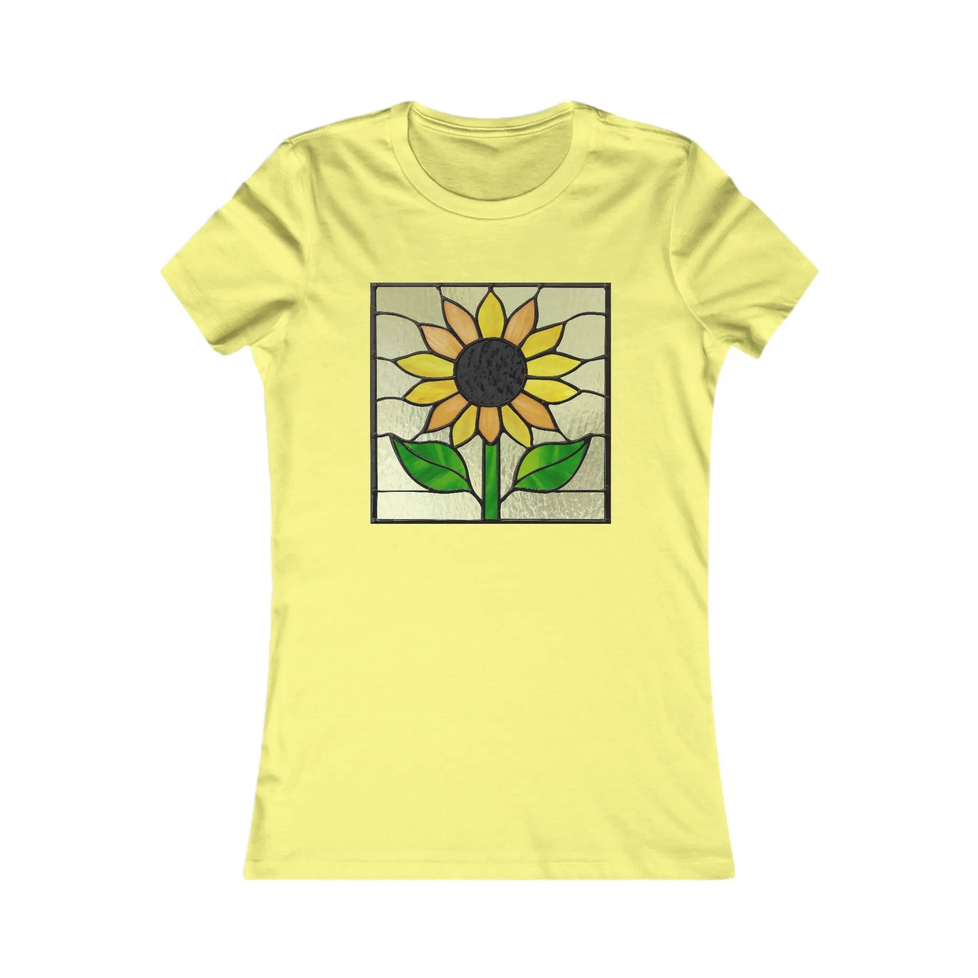 Embrace a sustainable fashion statement with the Bella+Canvas Stained Glass Sunflower Womens Tee Shirt. Featuring a sunflower design with a dark brown center, vibrant yellow petals, and green leaves, it offers an eco-friendly and stylish look against its pale yellow backdrop.