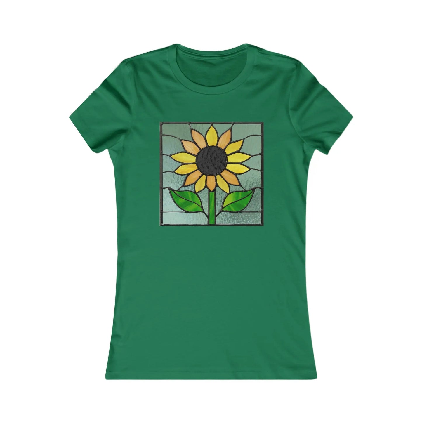Explore the Stained Glass Sunflower Womens Tee Shirt, featuring a vibrant sunflower with yellow petals, a black center, and green leaves on a light green background by Bella+Canvas. Embrace sustainable fashion with this stylish and eco-friendly tee.