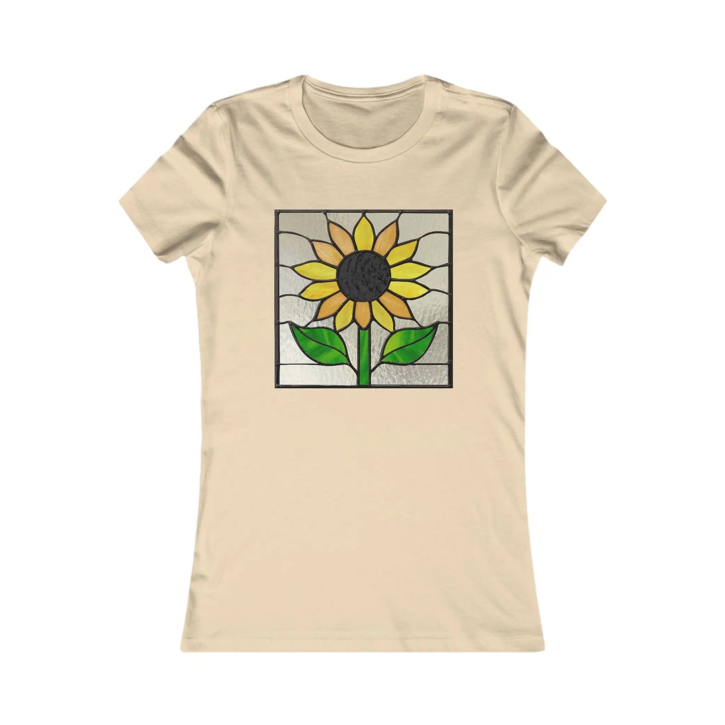 The Stained Glass Sunflower Womens Tee Shirt by Bella+Canvas features a beige design with yellow sunflower petals, two green leaves, and a grey background, ideal for sustainable fashion enthusiasts.