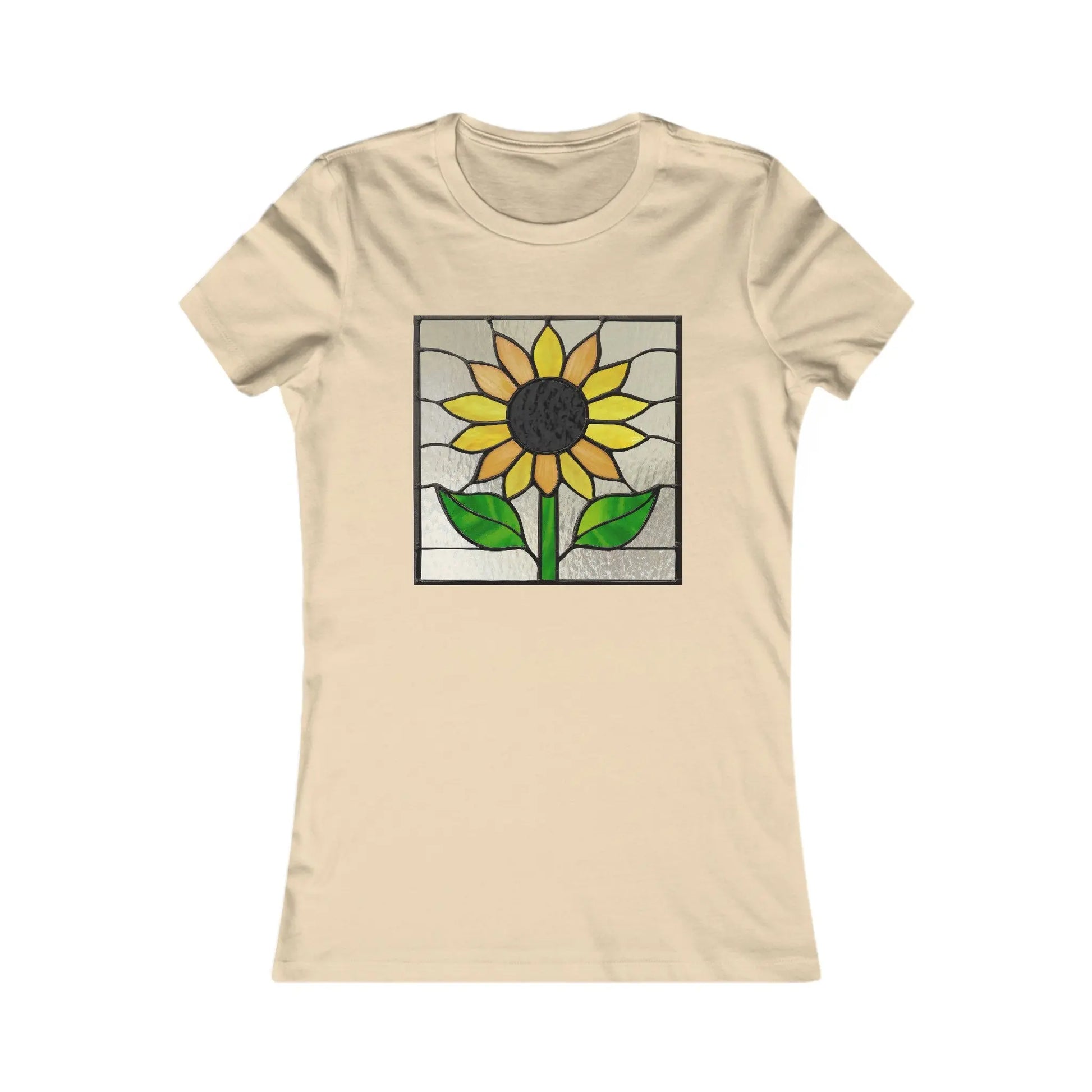 The Stained Glass Sunflower Womens Tee Shirt by Bella+Canvas features a beige design with yellow sunflower petals, two green leaves, and a grey background, ideal for sustainable fashion enthusiasts.