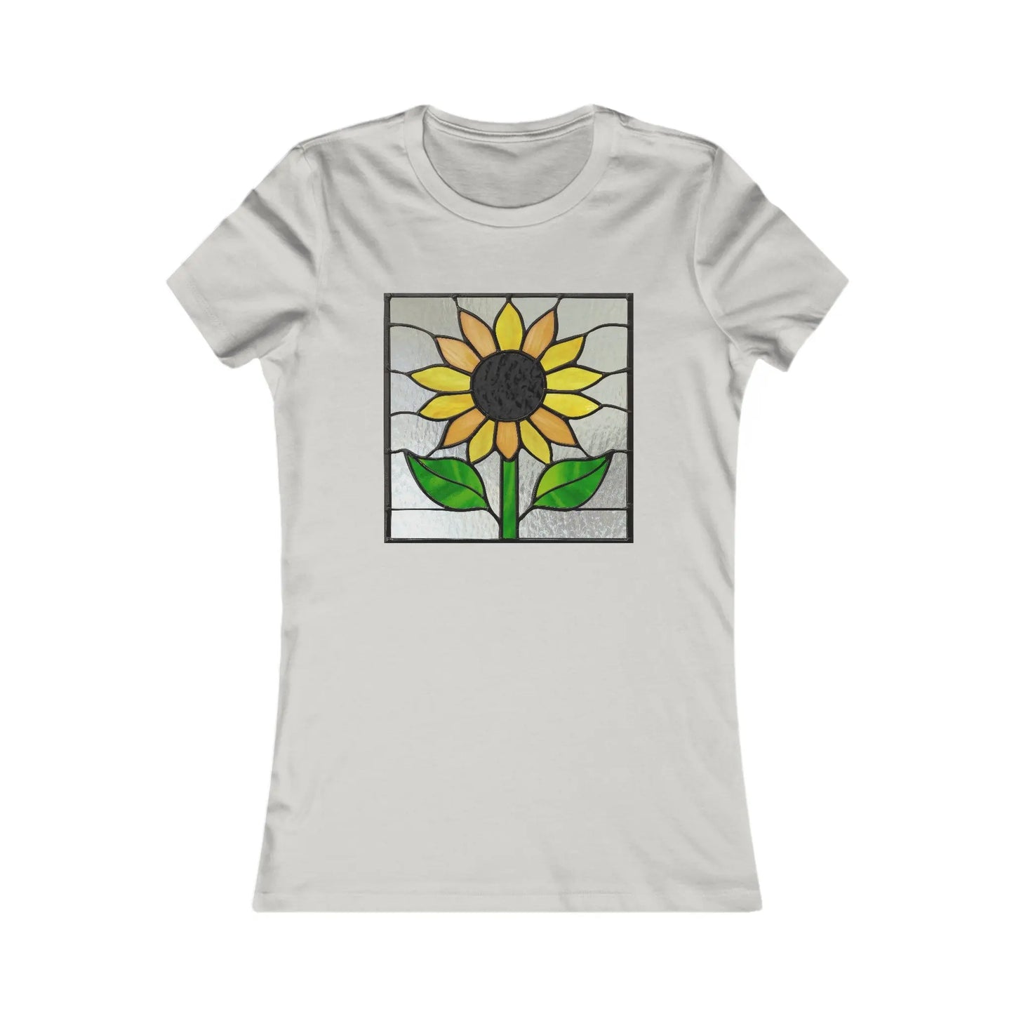 The Stained Glass Sunflower Womens Tee Shirt features a sunflower with yellow petals, brown center, and green leaves on a gray background. Crafted from sustainable materials, the vibrant design is beautifully centered for striking contrast.