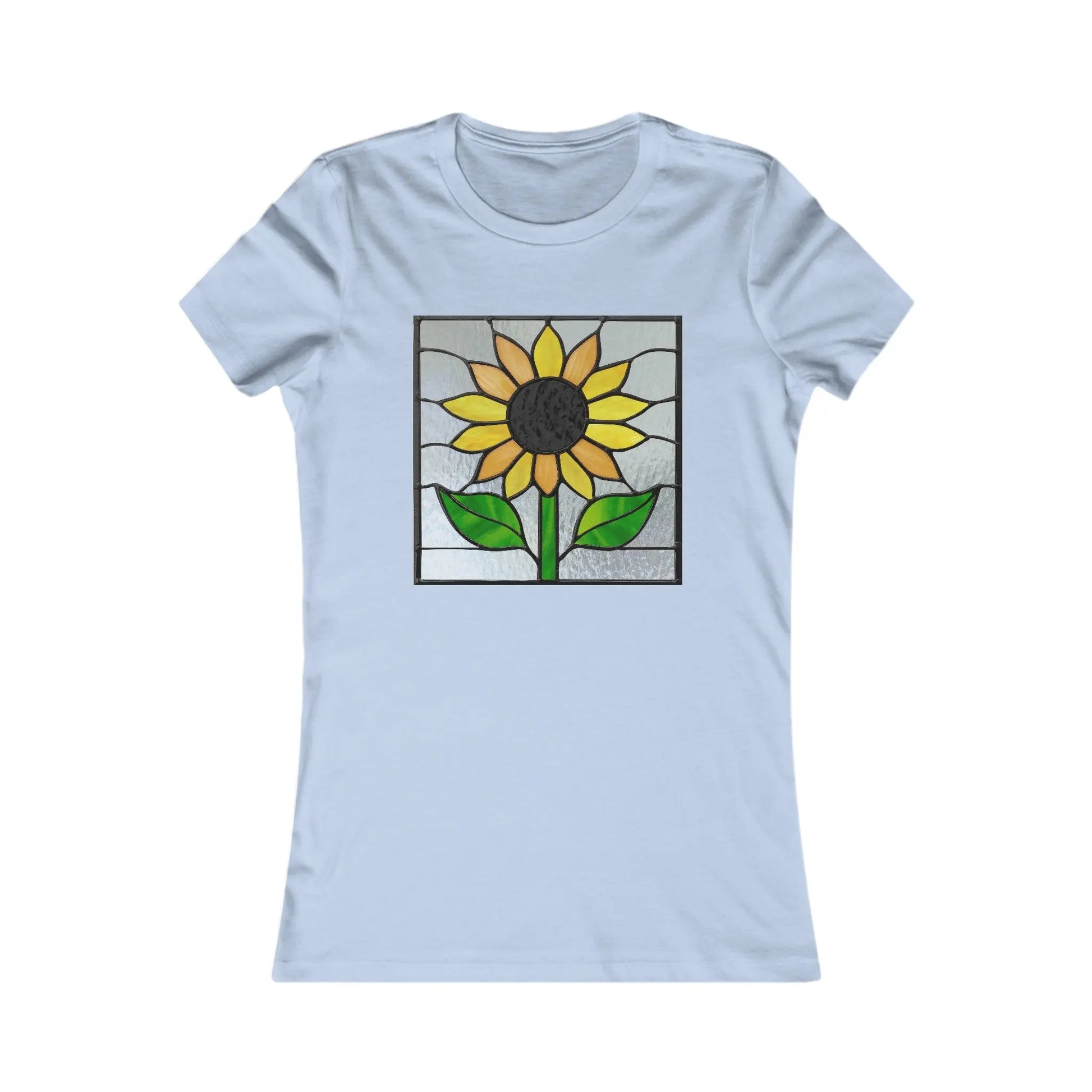 The Stained Glass Sunflower Womens Tee Shirt in light blue features vibrant yellow petals and lush green leaves within a square stained glass design, making it perfect for those who love sustainable fashion.