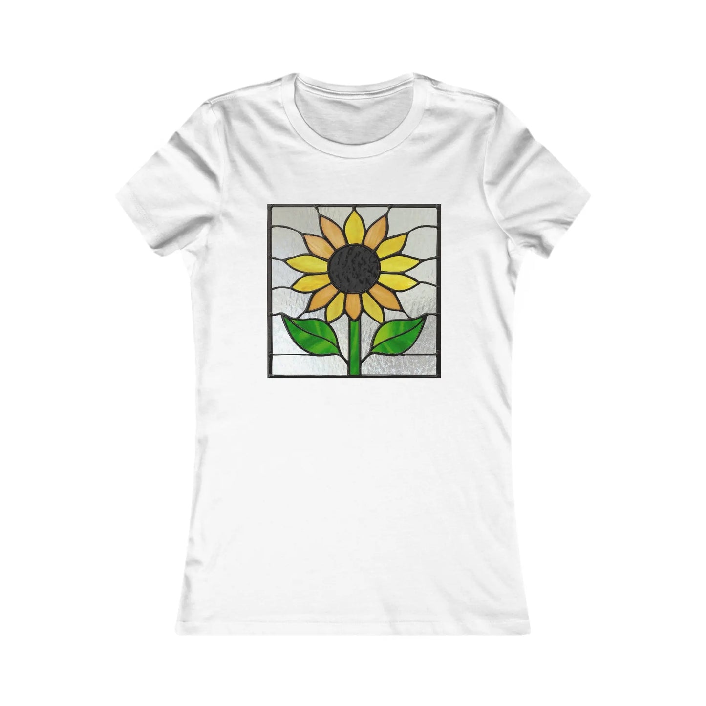 The Stained Glass Sunflower Womens Tee Shirt features a sunflower design with vibrant yellow petals and a dark center on a geometric gray background, blending artful elegance with sustainable fashion by Bella+Canvas.