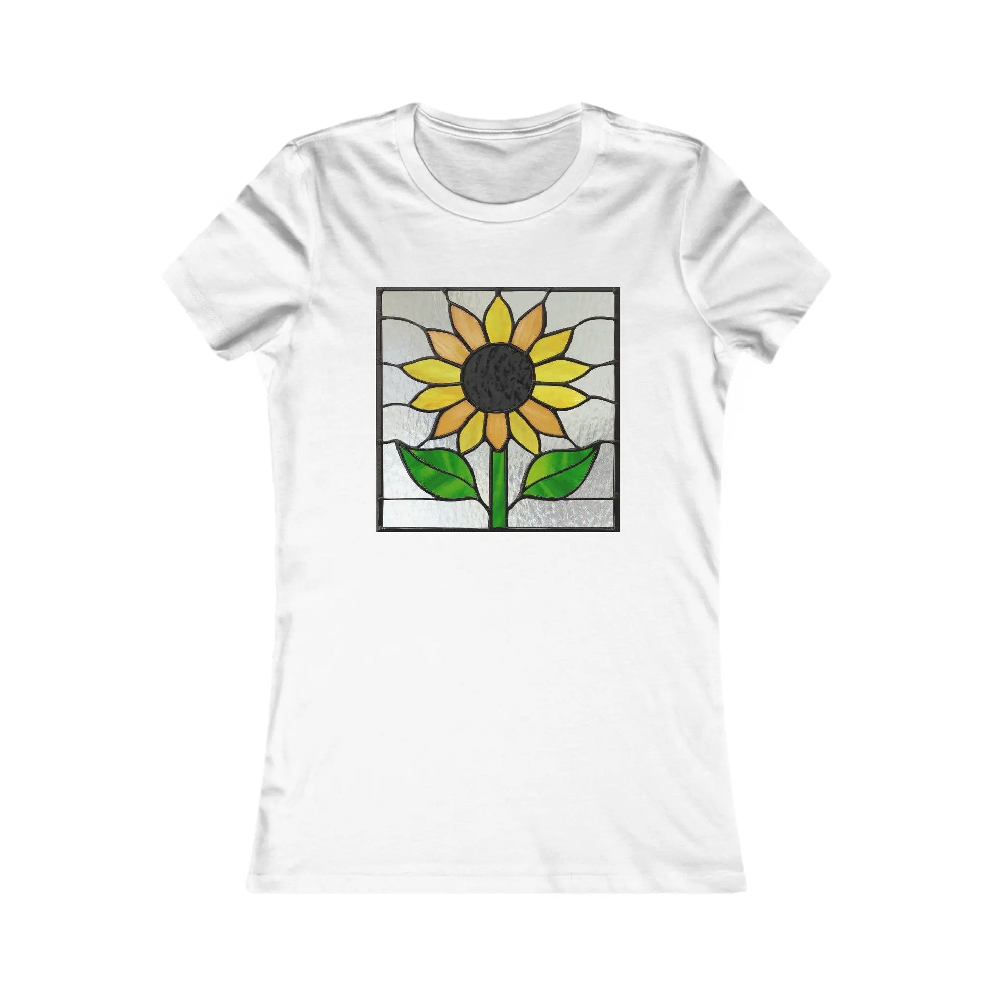The Stained Glass Sunflower Womens Tee Shirt features a sunflower design with vibrant yellow petals and a dark center on a geometric gray background, blending artful elegance with sustainable fashion by Bella+Canvas.