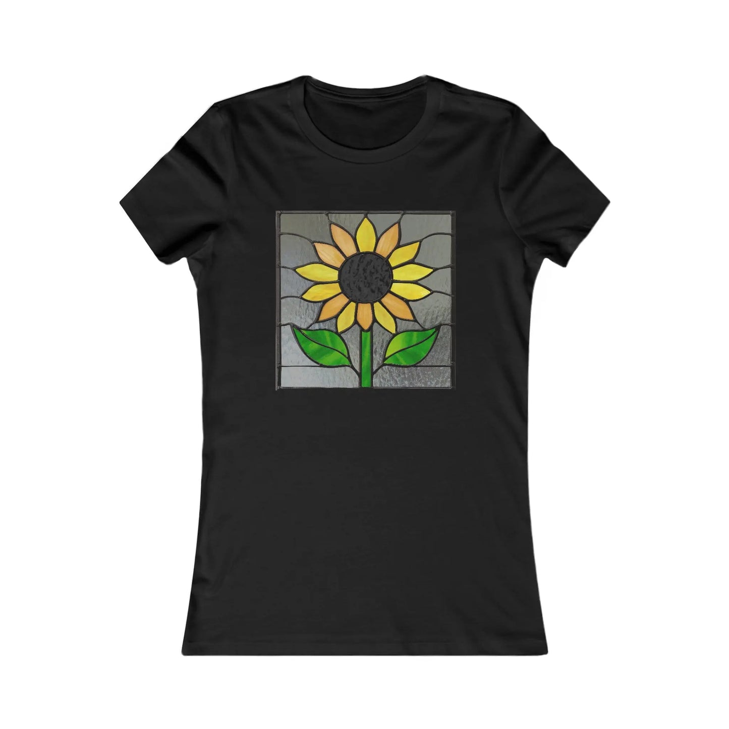The Stained Glass Sunflower Womens Tee Shirt from Bella+Canvas in black features a vibrant stained glass-style sunflower with lush green leaves, representing sustainable fashion.