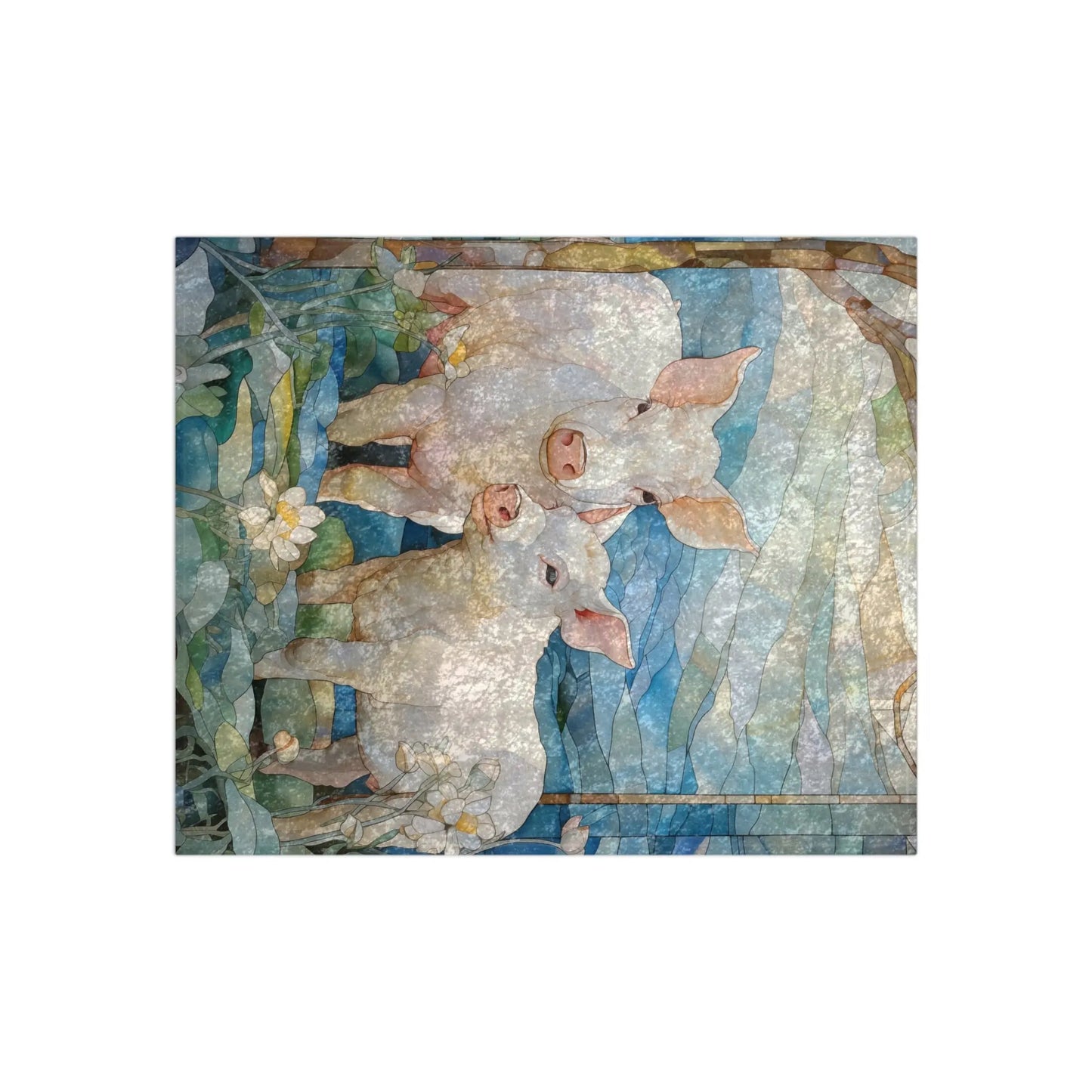 The Stained Glass Piglets Crushed Velvet Blanket features two lambs nestled in lush greenery and white flowers, evoking a springtime forest. The blue and green background creates a serene atmosphere where the peaceful lambs softly blend into their surroundings.
