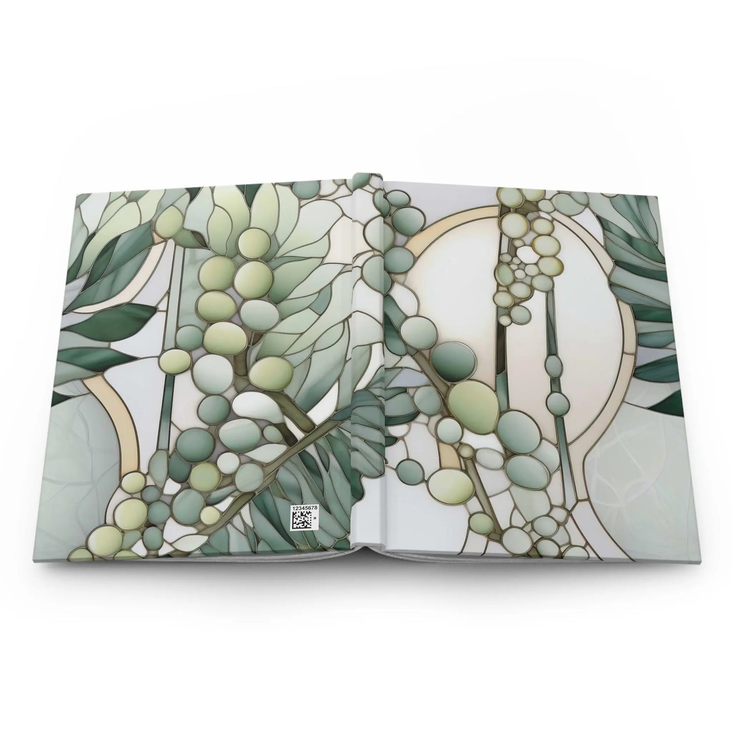 The Retro Stained Glass Ferns Hardcover Journal lays flat, showcasing an abstract design with green and white circular and leaf-like patterns, evoking a modern stained glass look with retro vibes.