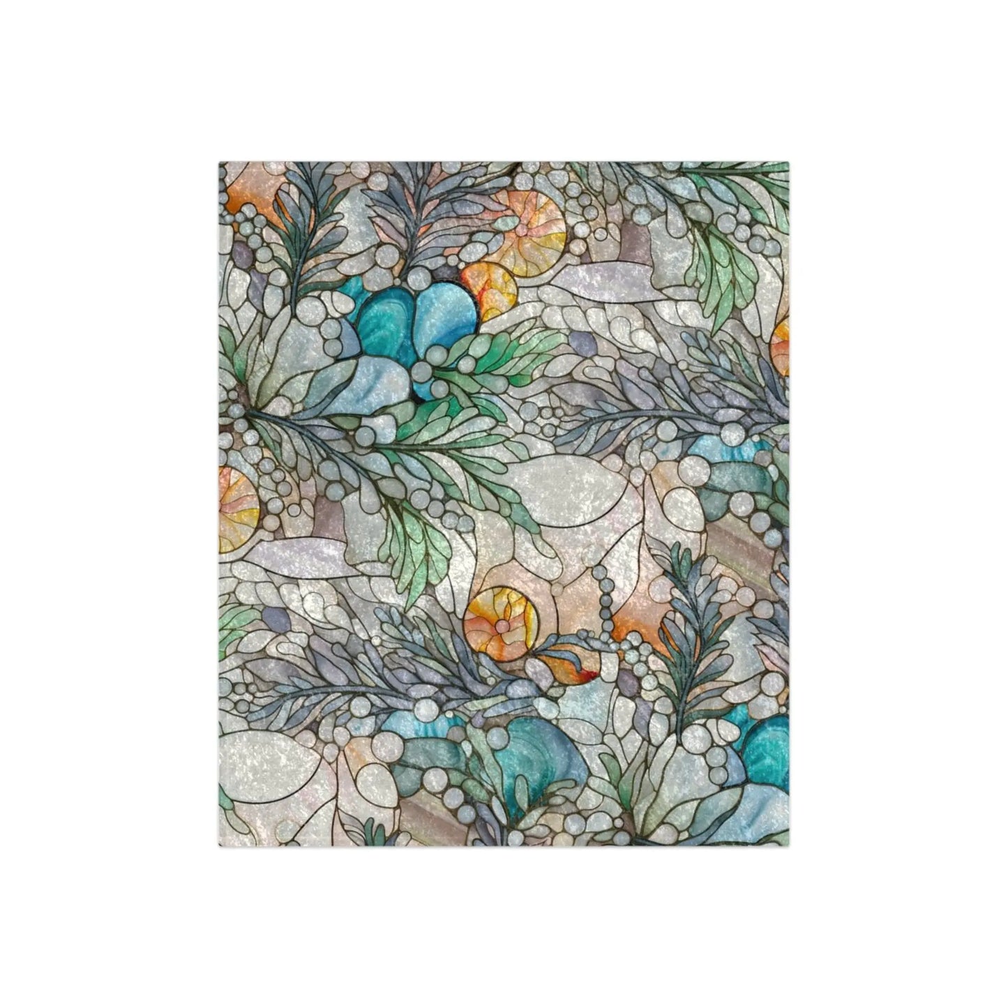 Stained Glass Rainbow Ferns Forest Crushed Velvet Blanket featuring abstract swirls and lines in blue, green, orange, and gray evokes natural elements intertwined for a stained-glass look.