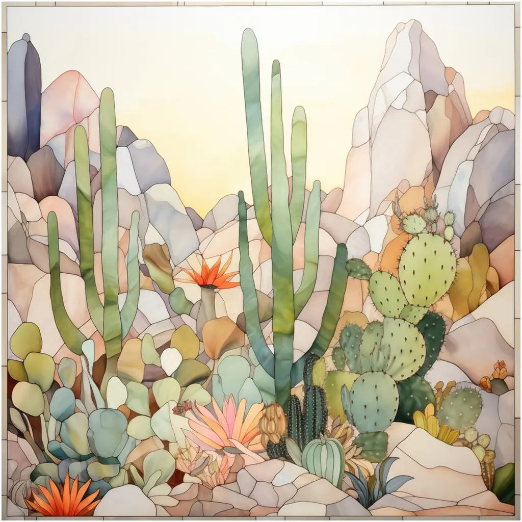 The Cactus Succulent Giclee Art Print features an illustrated desert scene with tall saguaros, prickly pears, and rocky hills. Rendered in soft pastel colors using archival inks, it captures a warm sky that evokes a tranquil desert atmosphere.