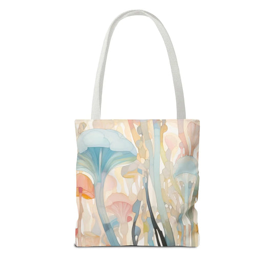 The Groovy Rainbow Mushrooms Stained Glass Tote Bag, available in 3 sizes, features an abstract design with pastel blue, pink, and beige mushrooms on a light background. Made from durable polyester, it offers style and longevity.