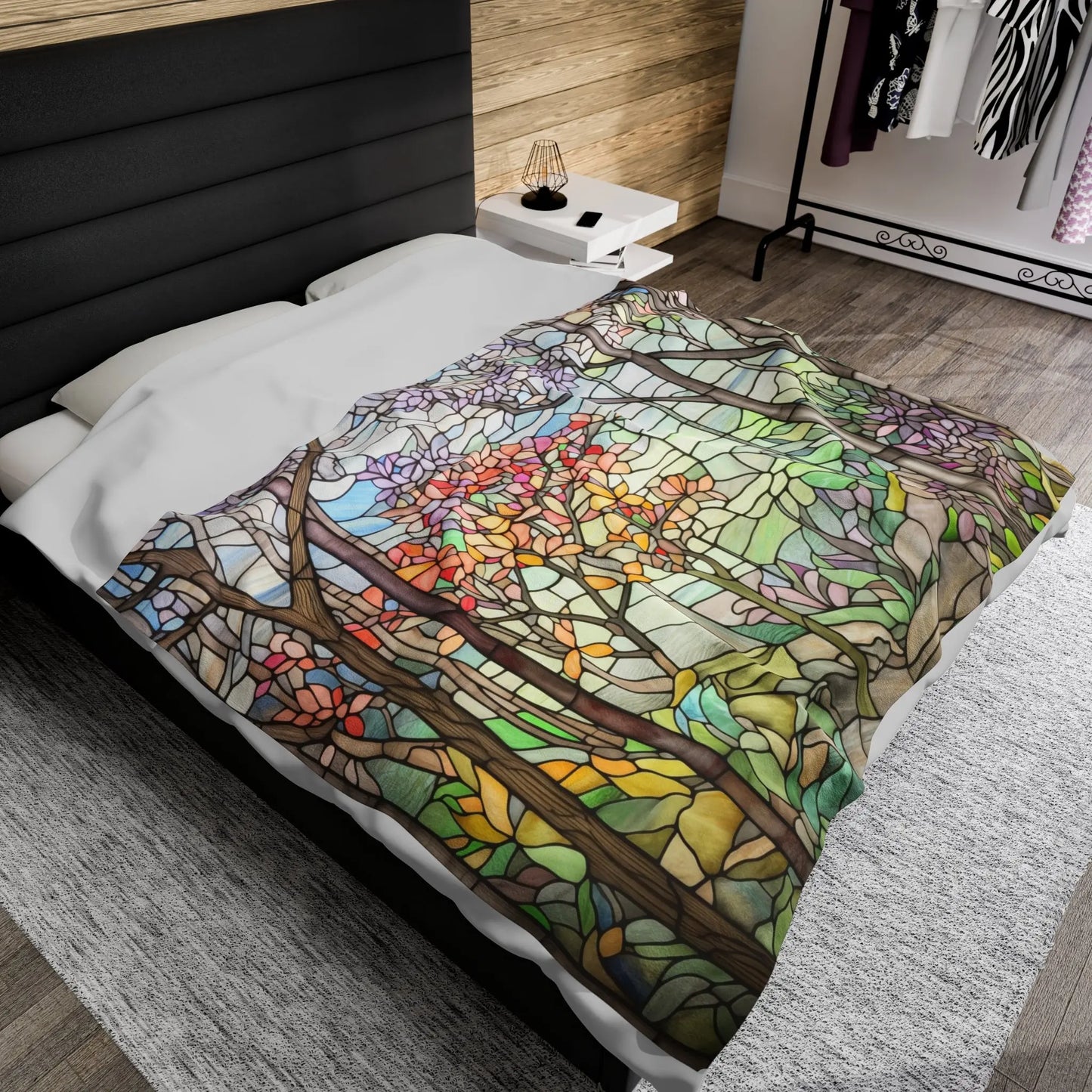 A picture of the Stained Glass Springtime Forest Velveteen Plush Blanket from GlassyRock Arts.