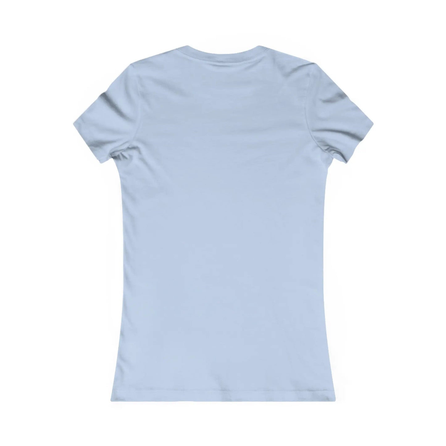 Back view of the Stained Glass Spring Butterfly Womens Tee Shirt on a white background. This light blue tee features short sleeves and a simple, round neckline, ideal for those seeking sustainable clothing options.