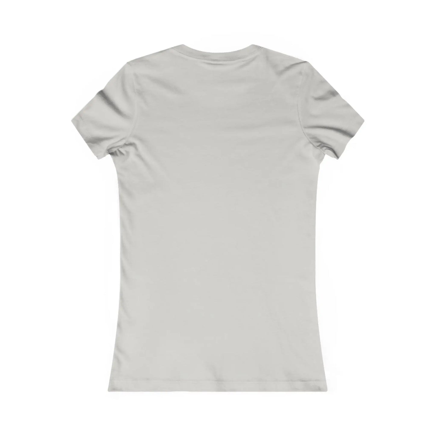 Back view of the Stained Glass Spring Butterfly Womens Tee on a white background. This light gray, short-sleeved tee offers a fitted cut and comfort, made from sustainable materials for eco-conscious style.