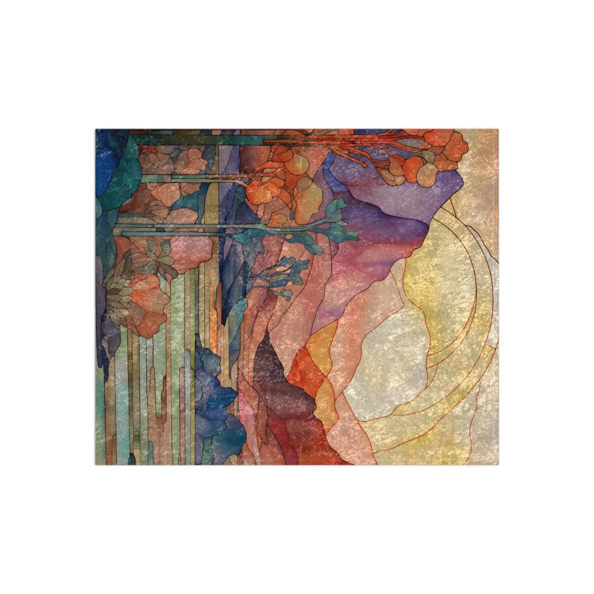 The Stained Glass Desert Sunset Crushed Velvet Blanket features abstract geometric layers in warm oranges, reds, and yellows with cooler blue and green accents. Inspired by rainbow ferns stained glass, it combines circular and vertical designs for a harmonious, textured look. Size: 50x60.