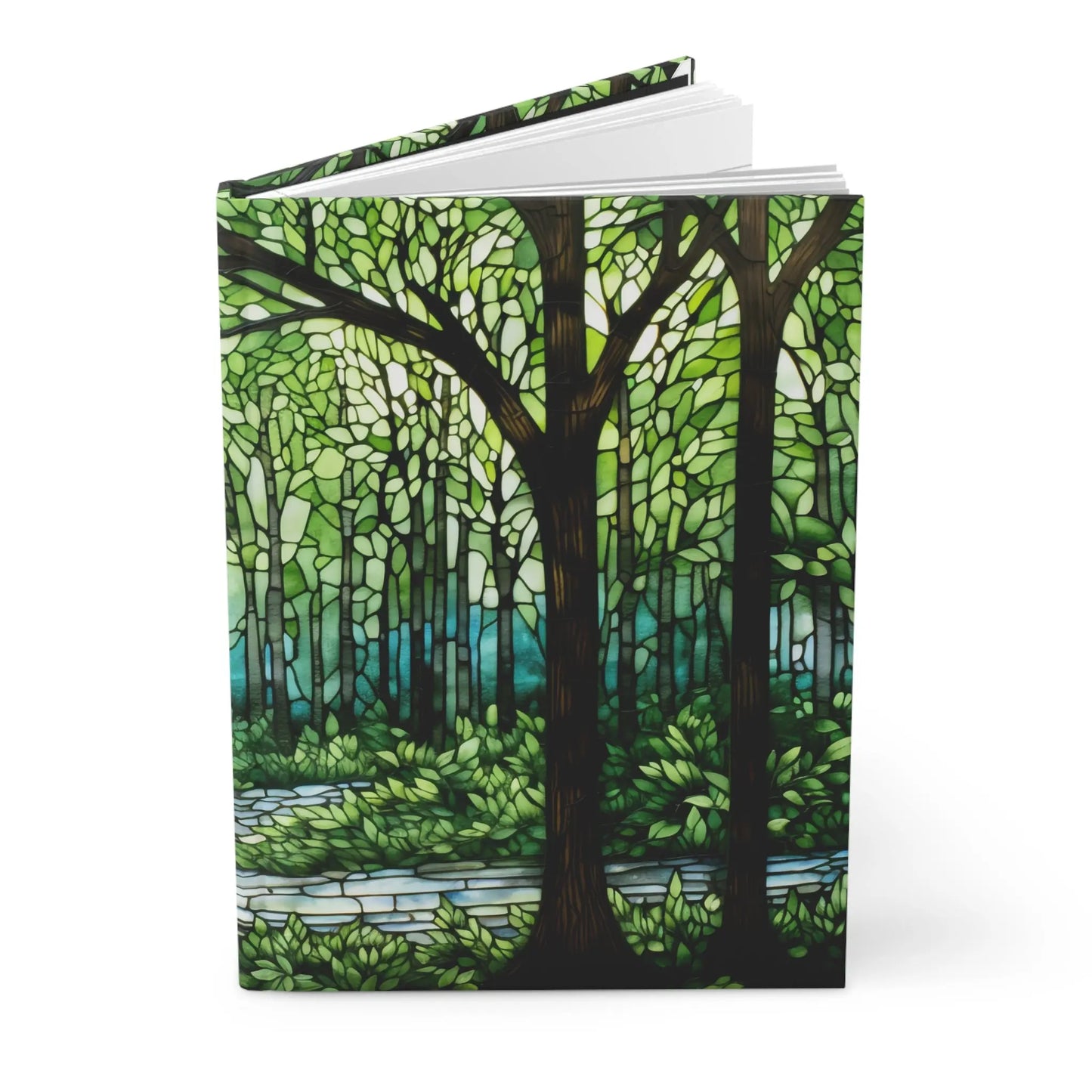The Stained Glass Forest Hardcover Journal features a cover designed to mimic a stained-glass scene with tall trees, lush greenery, and a river in captivating green and blue shades. Its an ideal unique gift for nature lovers.