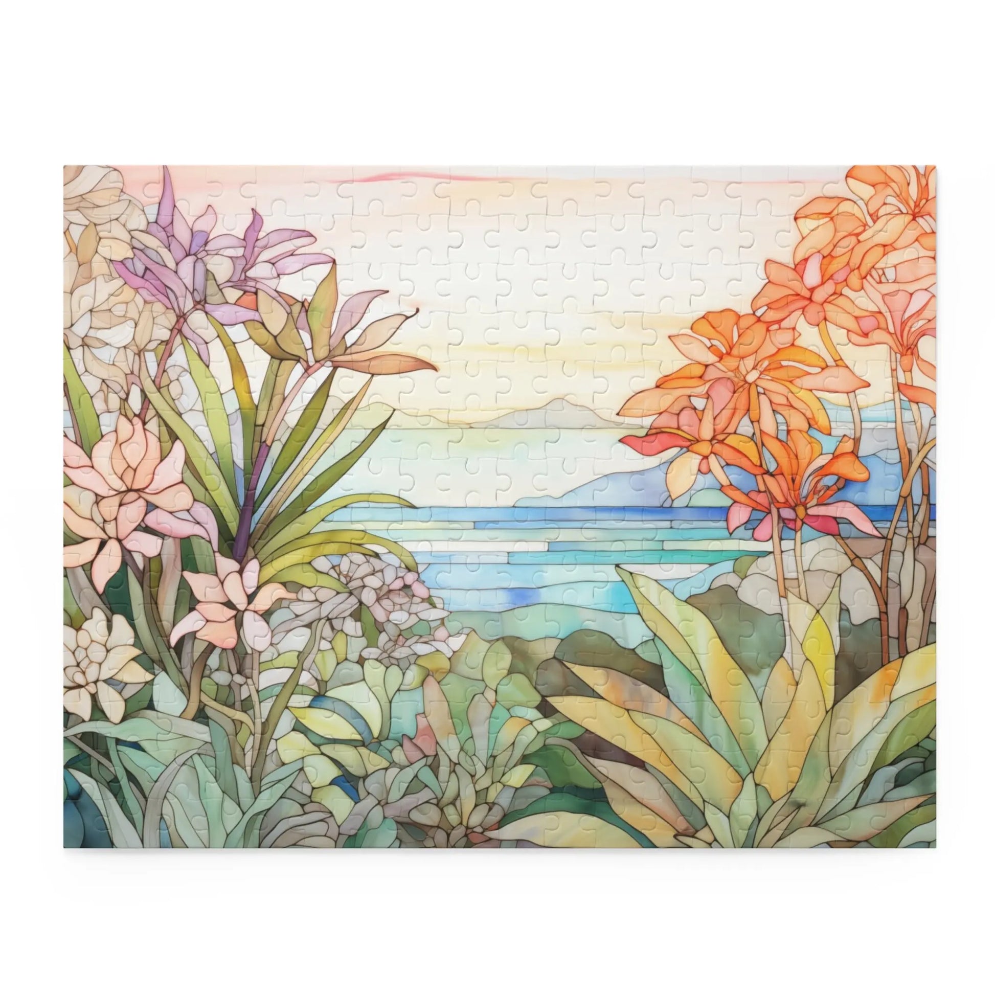 The Tropical Botanicals Jigsaw Puzzle showcases a vibrant foreground of colorful flowers and foliage, with a serene background featuring water and mountains under a pastel sky, all in a stained glass-inspired design.