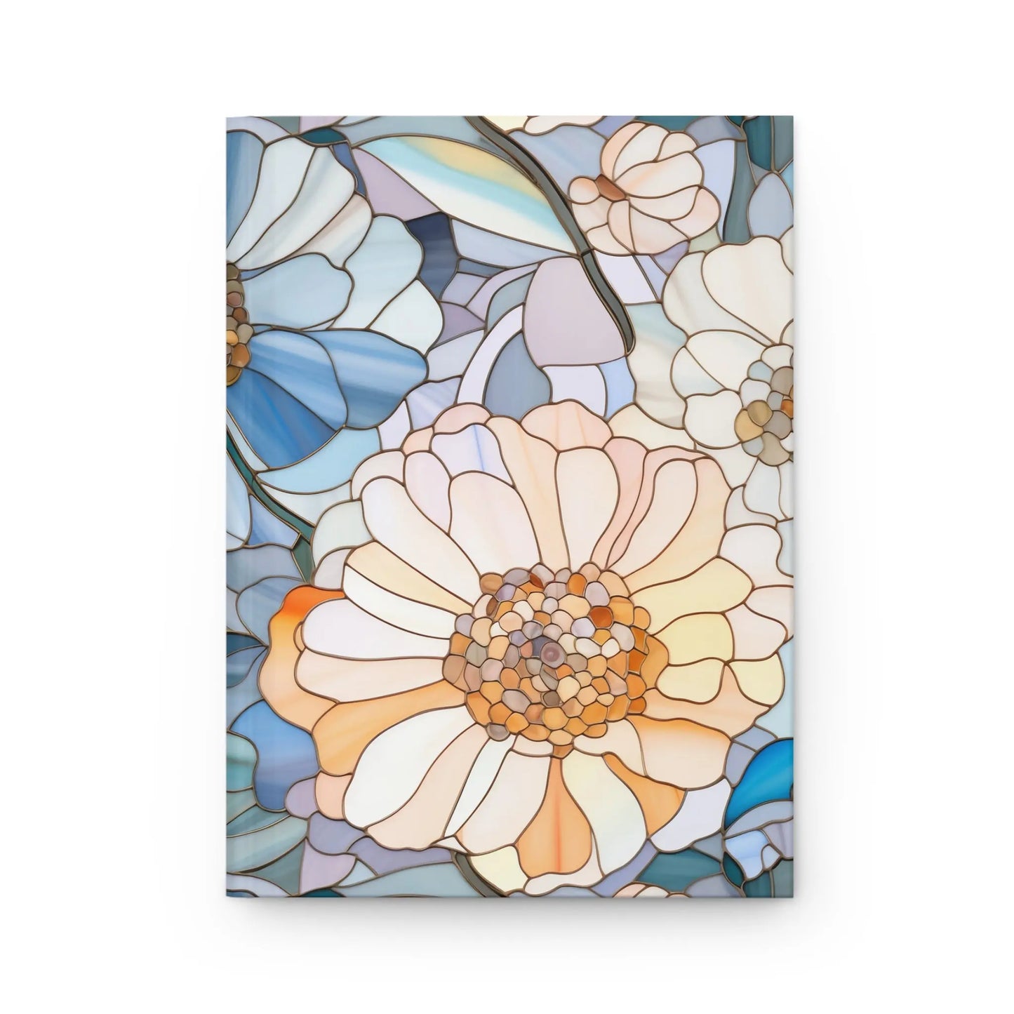 The Stained Glass Flowers Hardcover Journal showcases a custom design with large, overlapping flowers in blue, white, and peach petals over intricate leaf patterns. It features a light, neutral background.