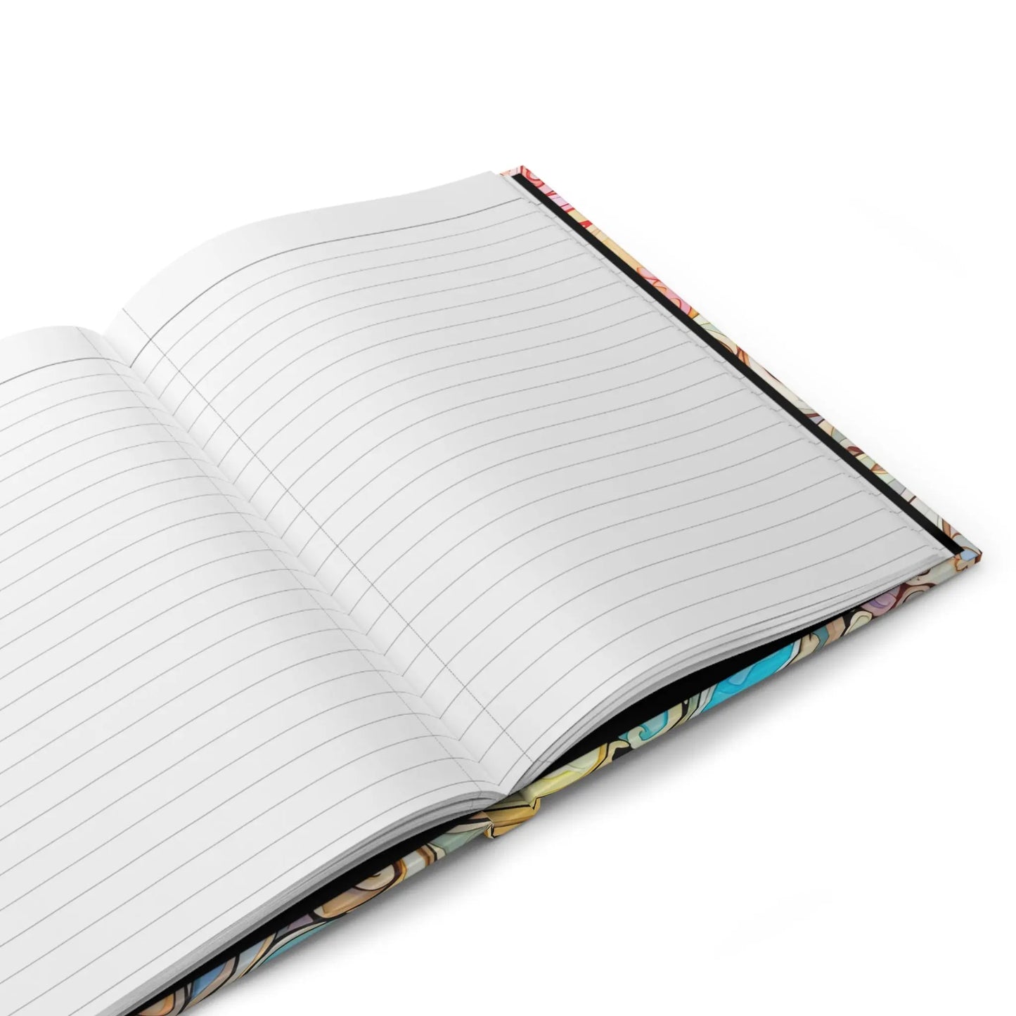 The Rainbow Paisley Stained Glass Hardcover Journal features an open view of lined pages within its colorful, floral-patterned cover. The matte journal showcases a vibrant design, adding a decorative touch with its stained glass-inspired cover against the plain background.